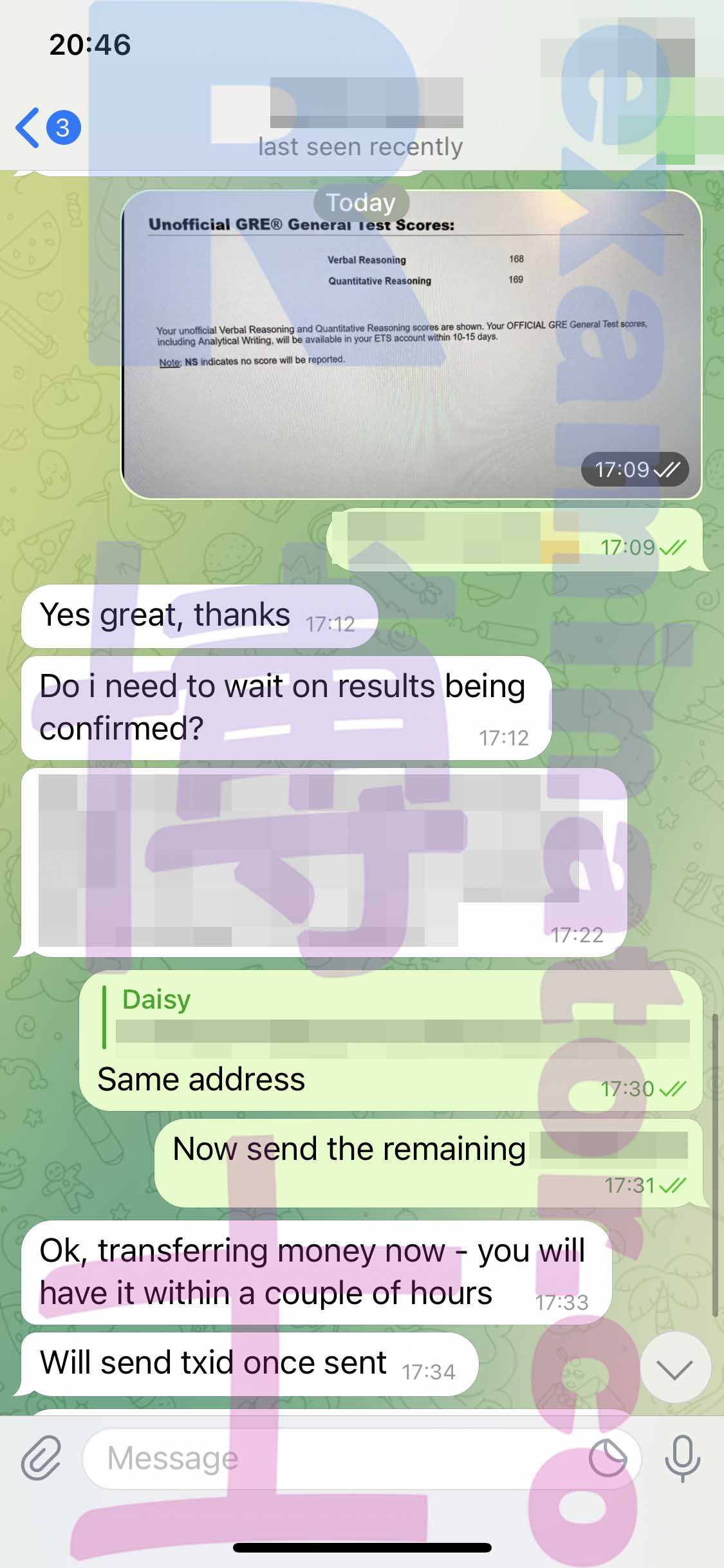 GRE代考保分成功案例#260的与客户对话截图