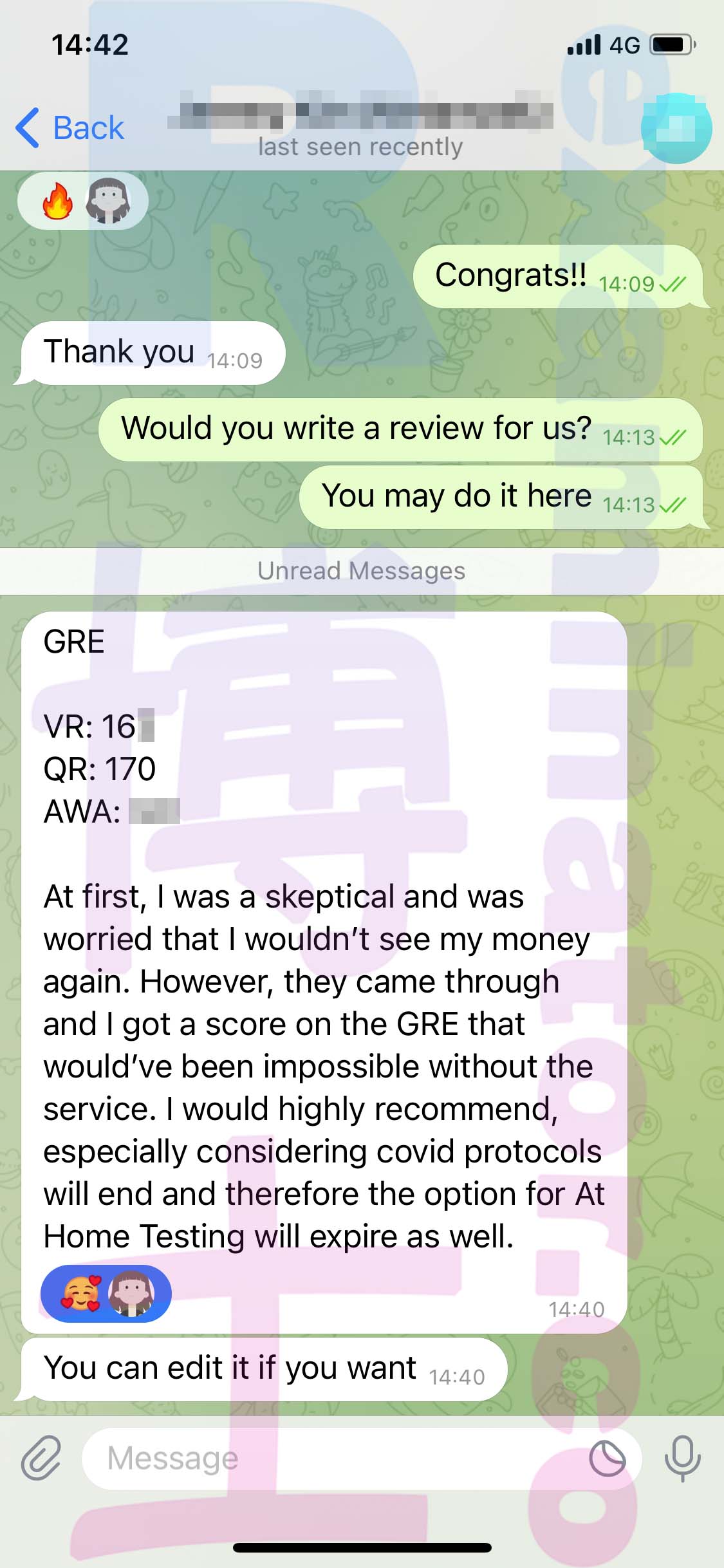 GRE代考保分成功案例#540的与客户对话截图