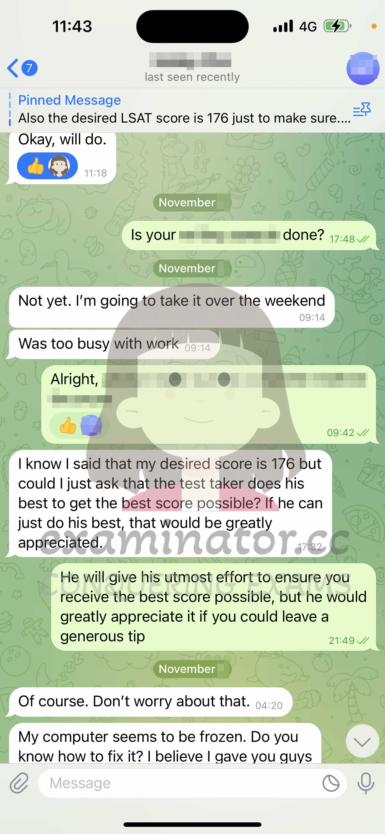 LSAT代考保分成功案例#598的与客户对话截图
