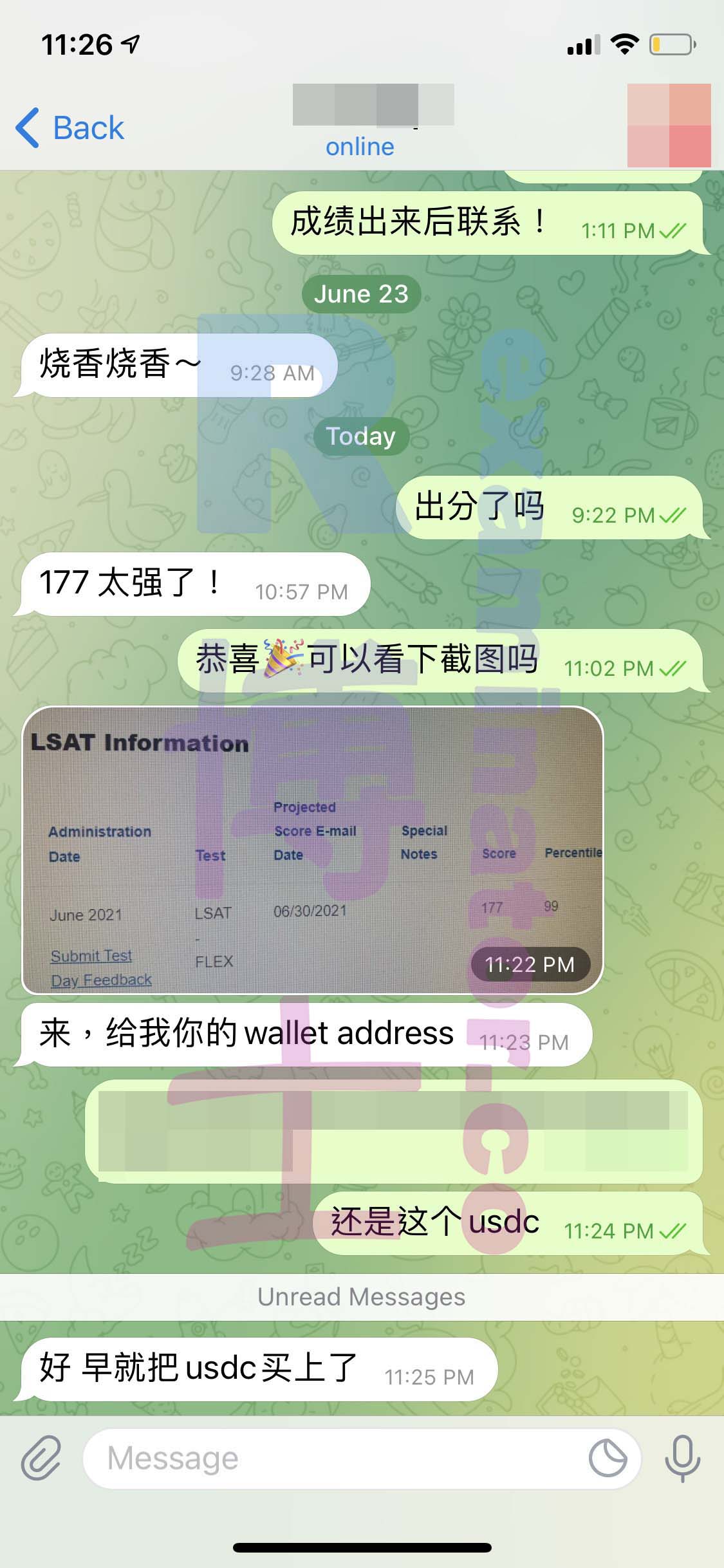 LSAT代考保分成功案例#161的与客户对话截图