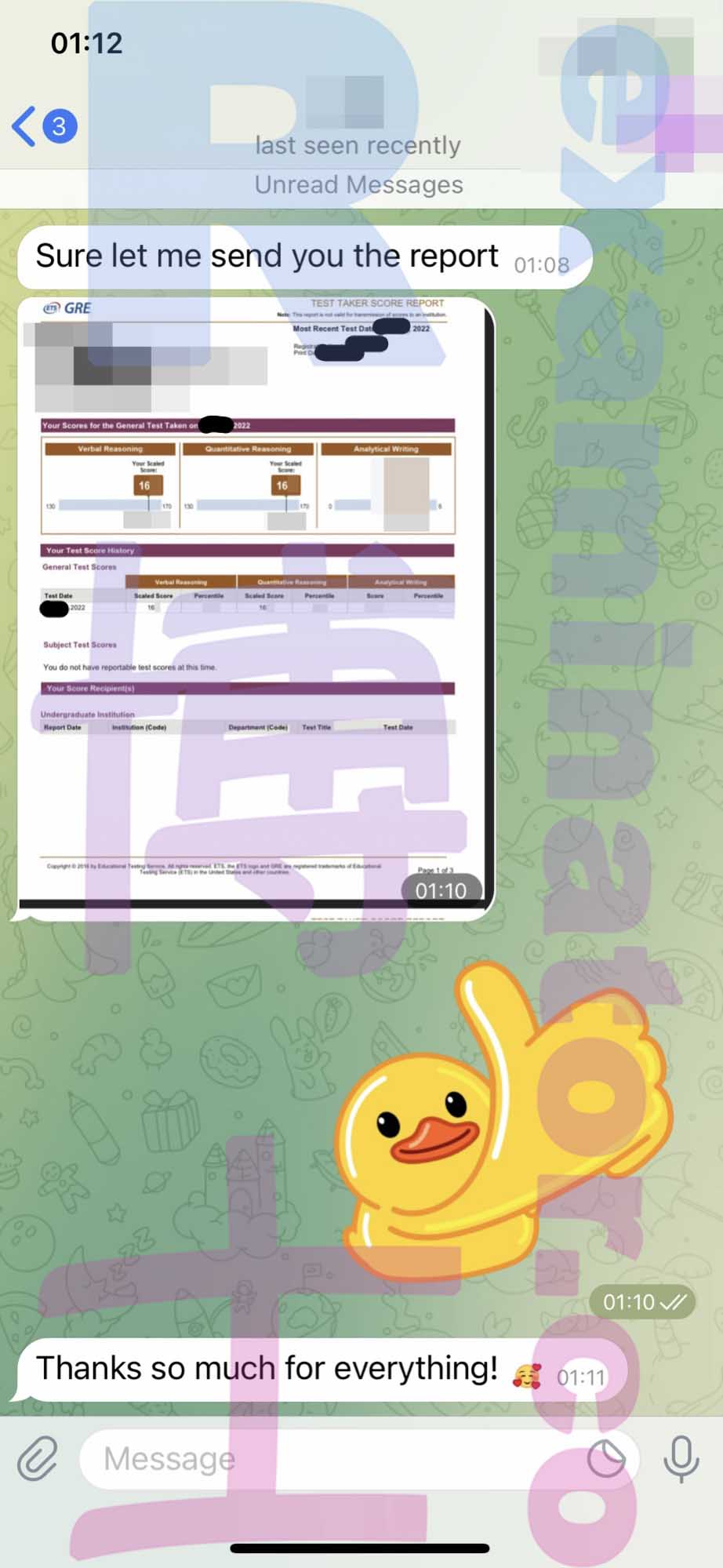 GRE代考保分成功案例#308的与客户对话截图