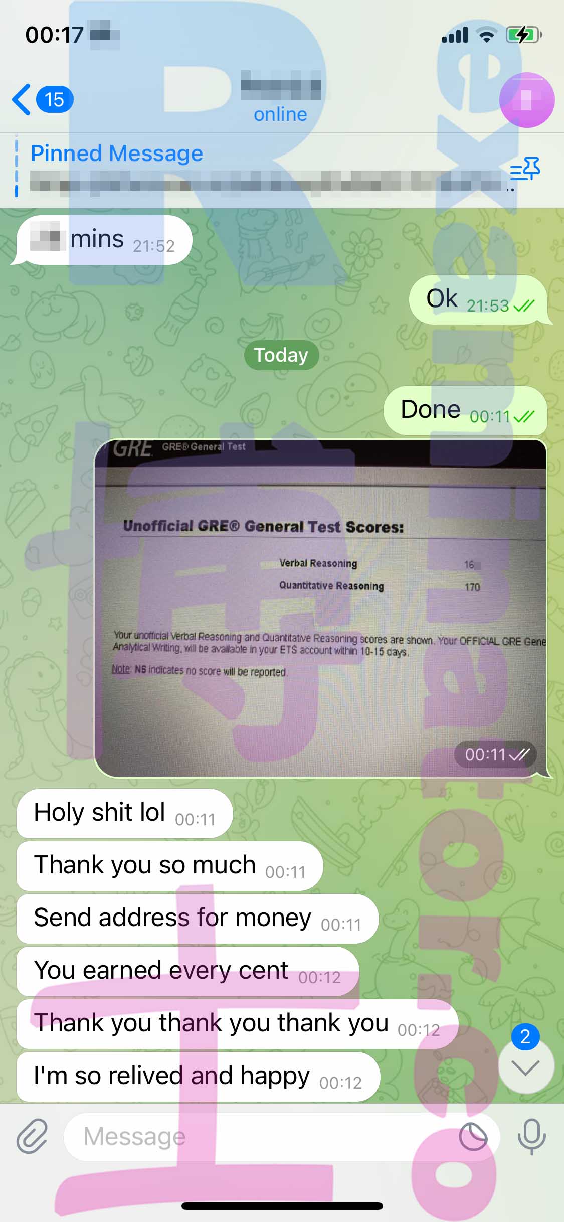 GRE代考保分成功案例#453的与客户对话截图