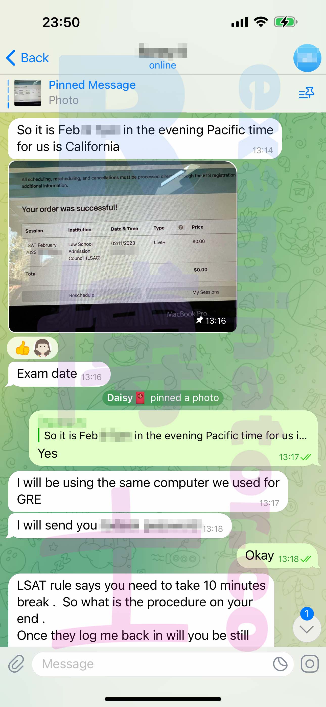 LSAT代考保分成功案例#482的与客户对话截图