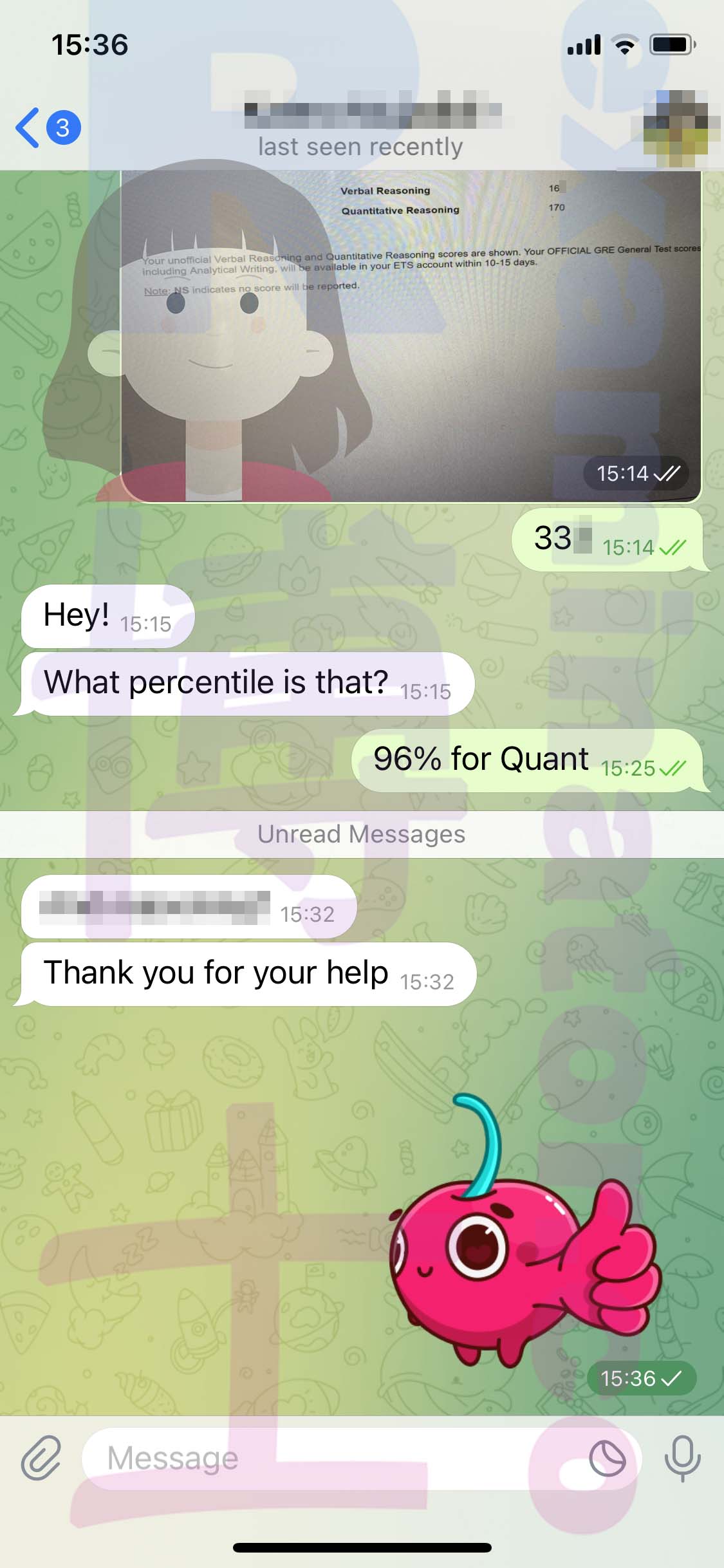 GRE代考保分成功案例#528的与客户对话截图