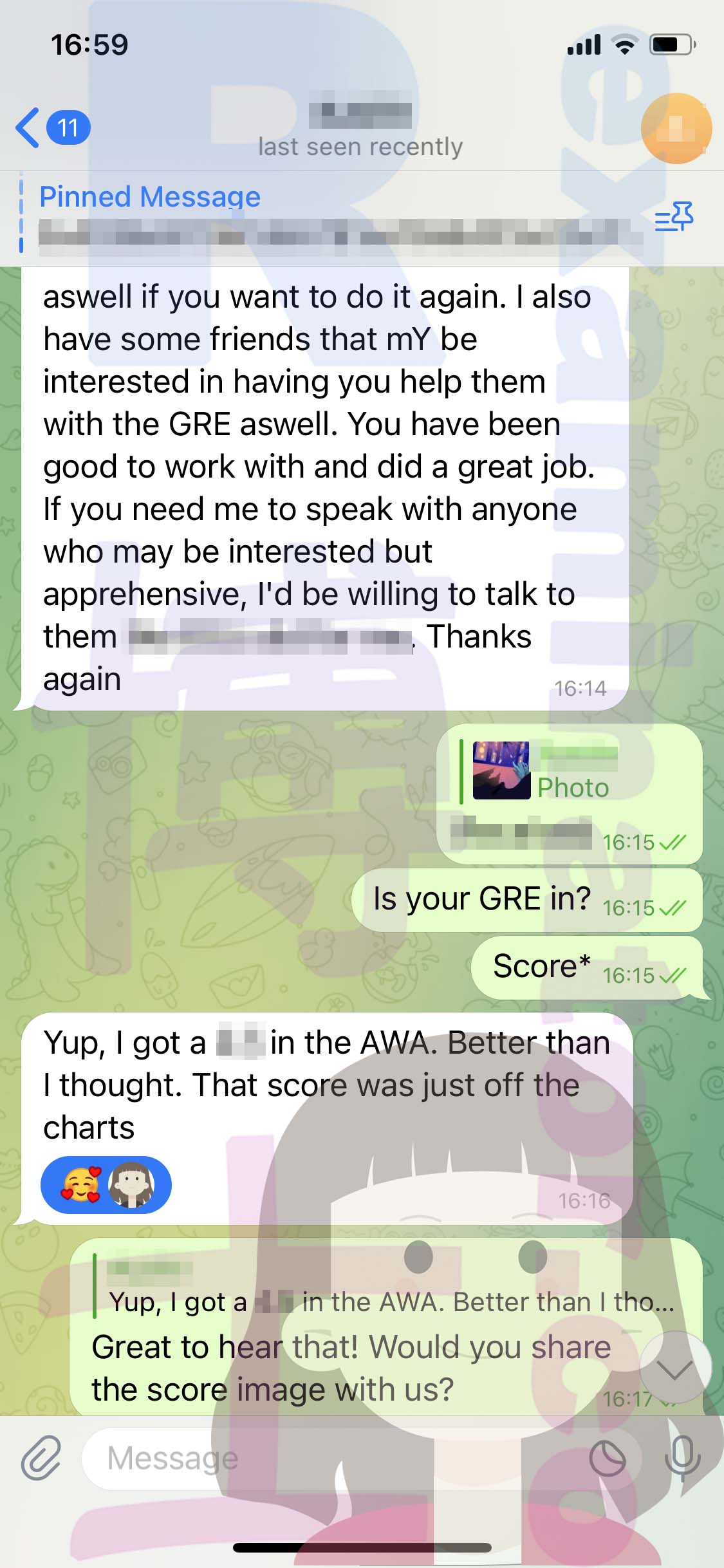 GRE代考保分成功案例#512的与客户对话截图