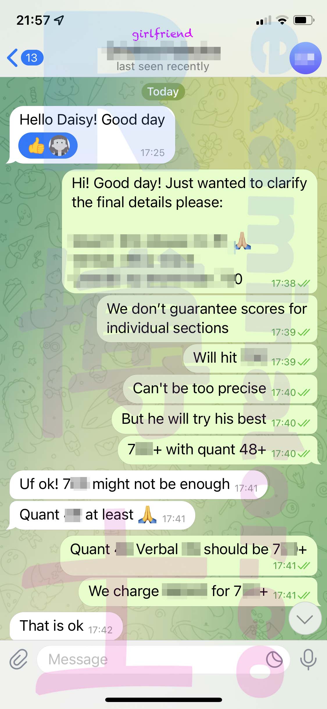 GMAT代考保分成功案例#473的与客户对话截图