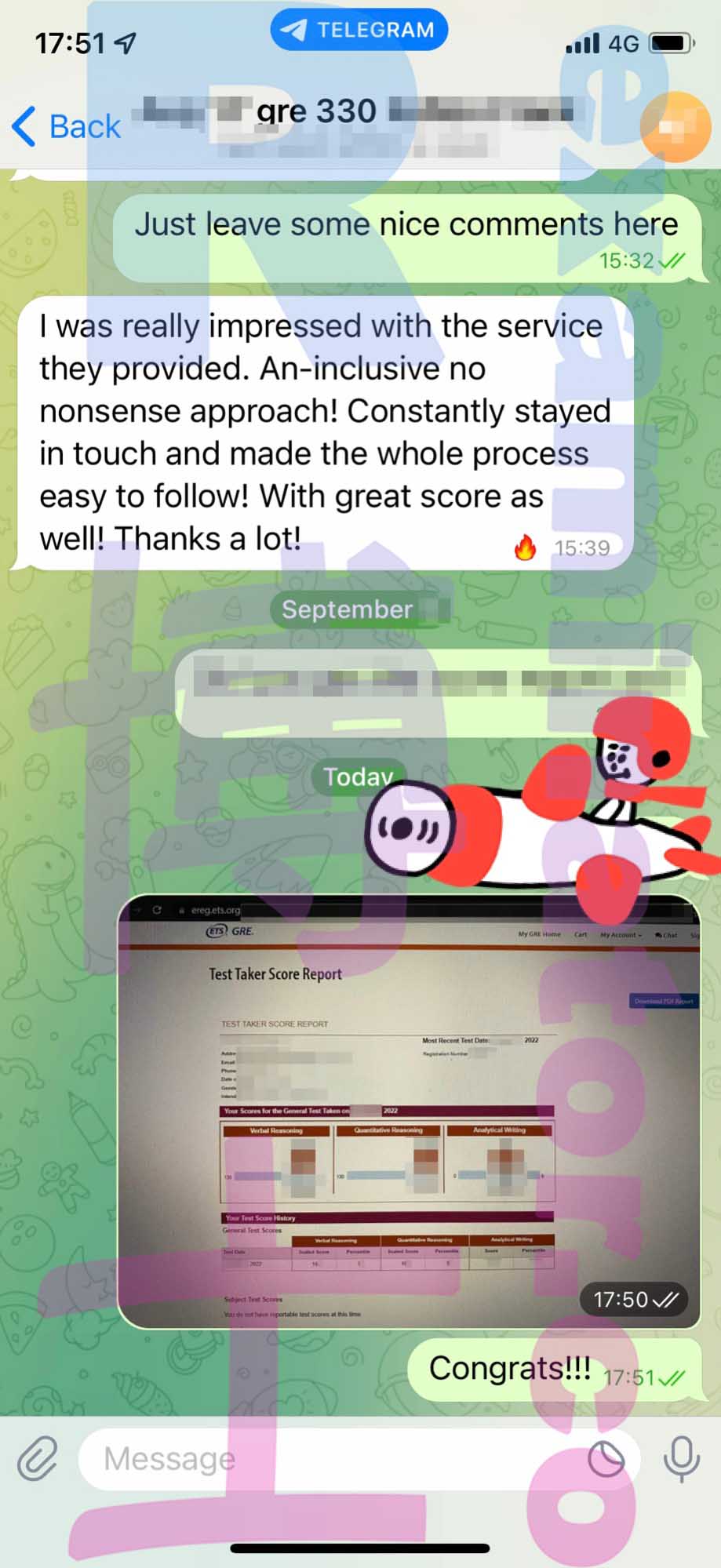 GRE代考保分成功案例#378的与客户对话截图