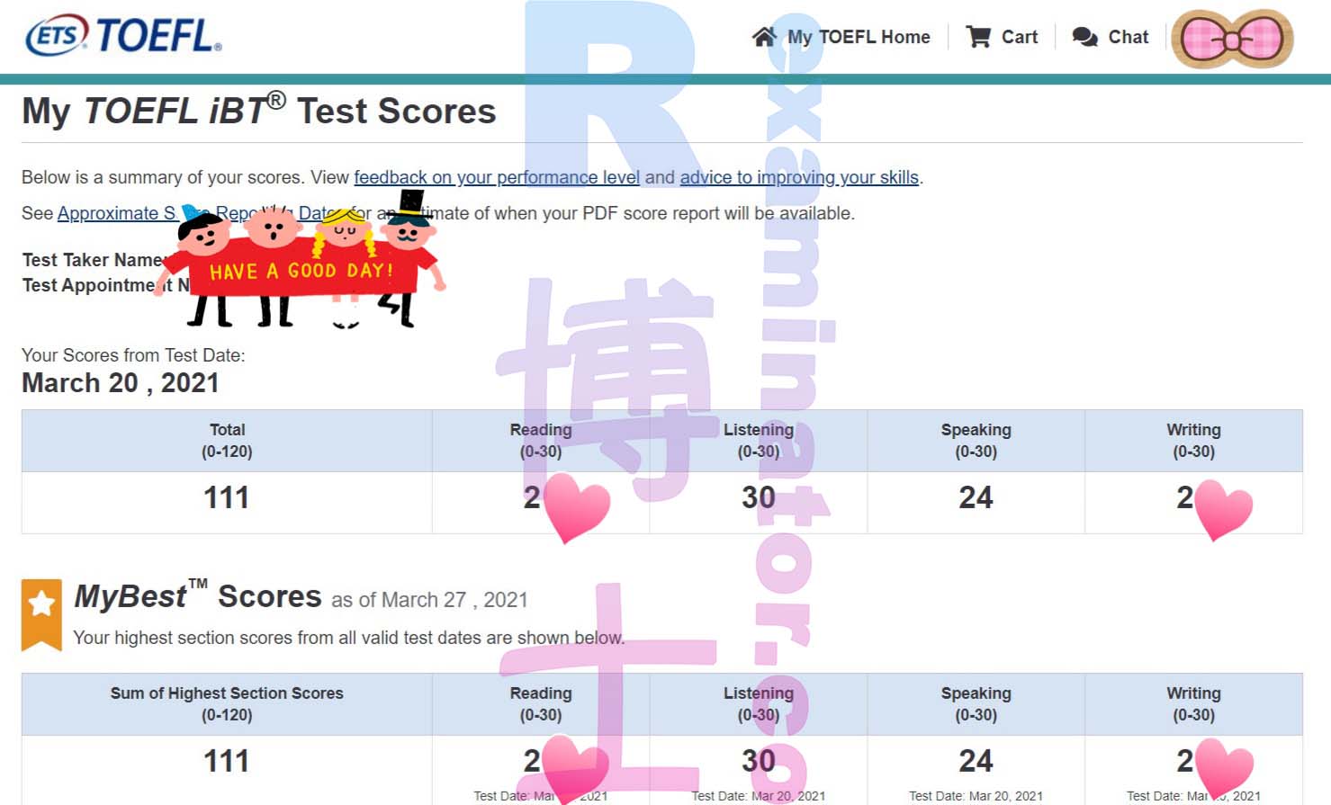111 on the TOEFL: with our help she did well on Speaking too