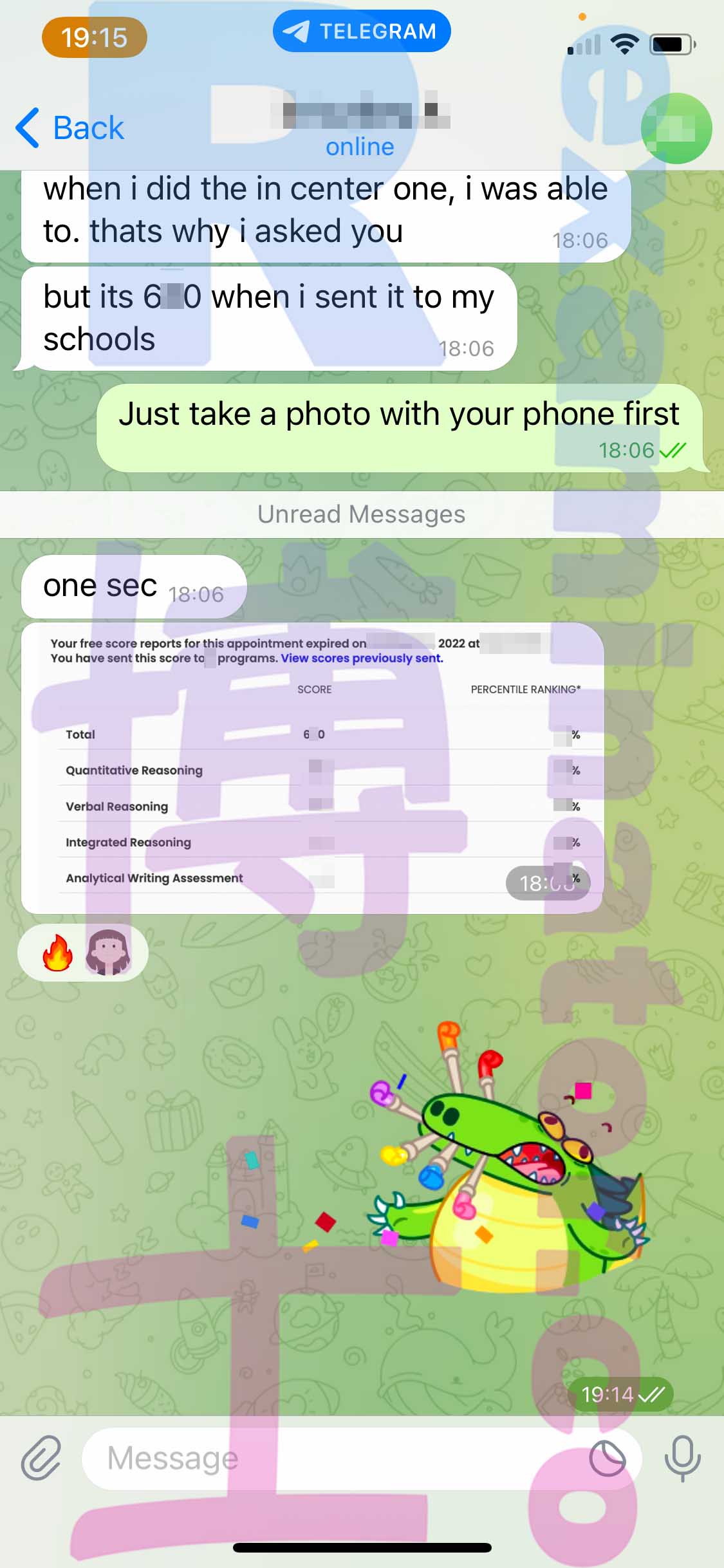 GMAT代考保分成功案例#434的与客户对话截图