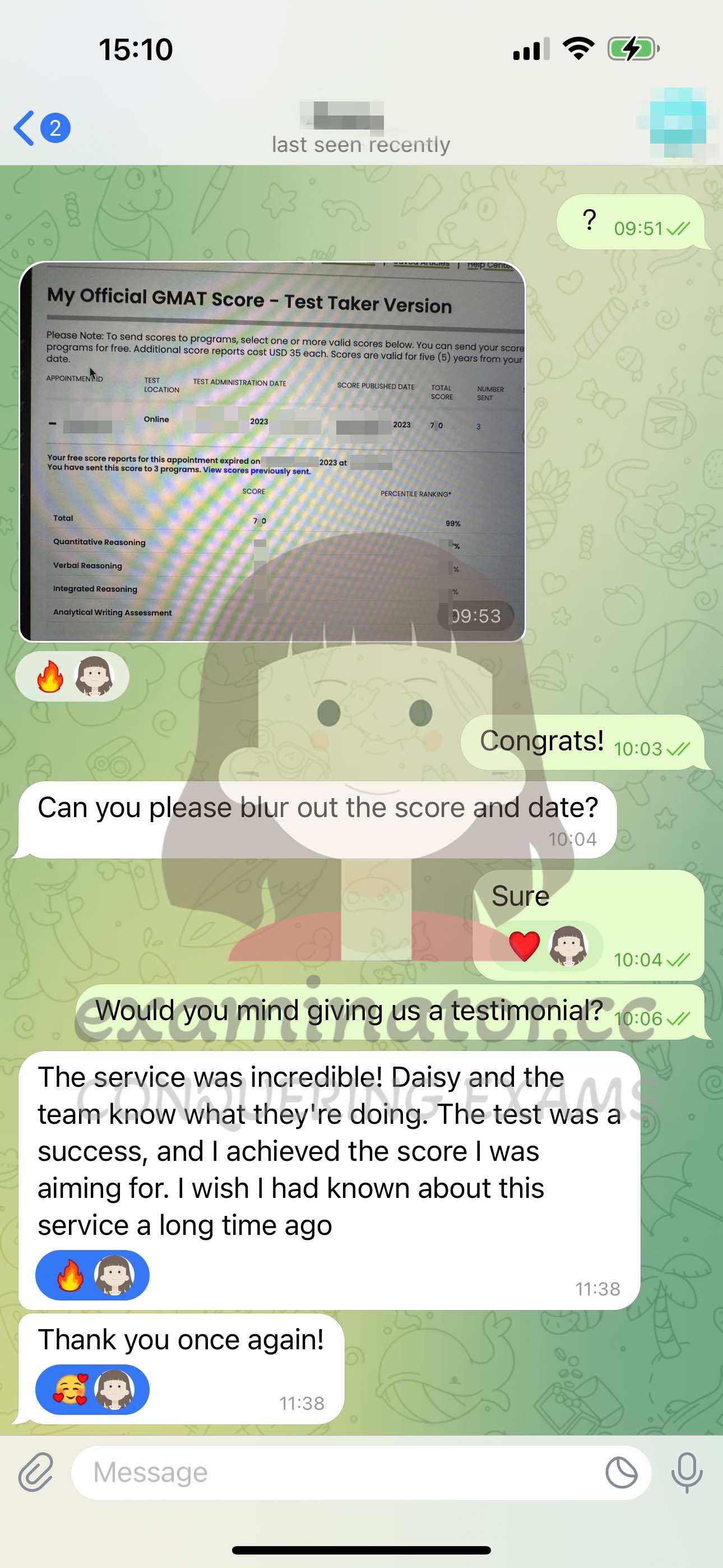 GMAT代考保分成功案例#581的与客户对话截图