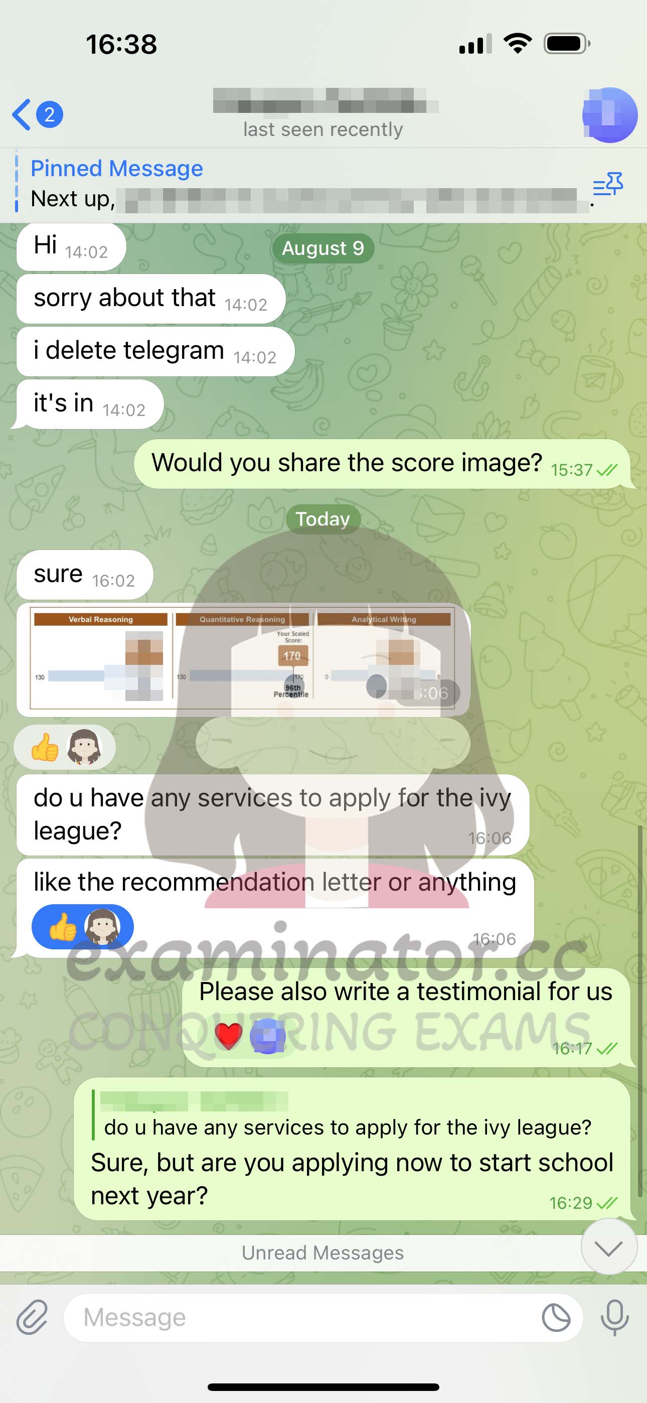 GRE代考保分成功案例#573的与客户对话截图