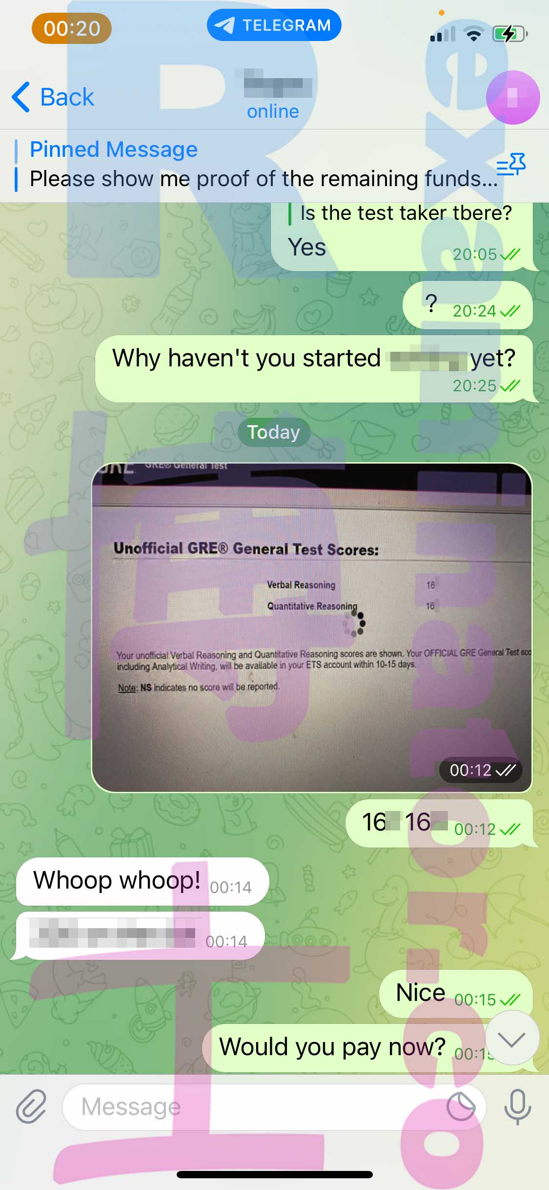 GRE代考保分成功案例#357的与客户对话截图