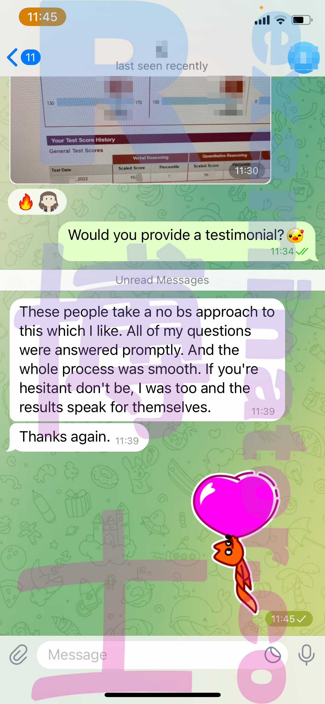 GRE代考保分成功案例#443的与客户对话截图