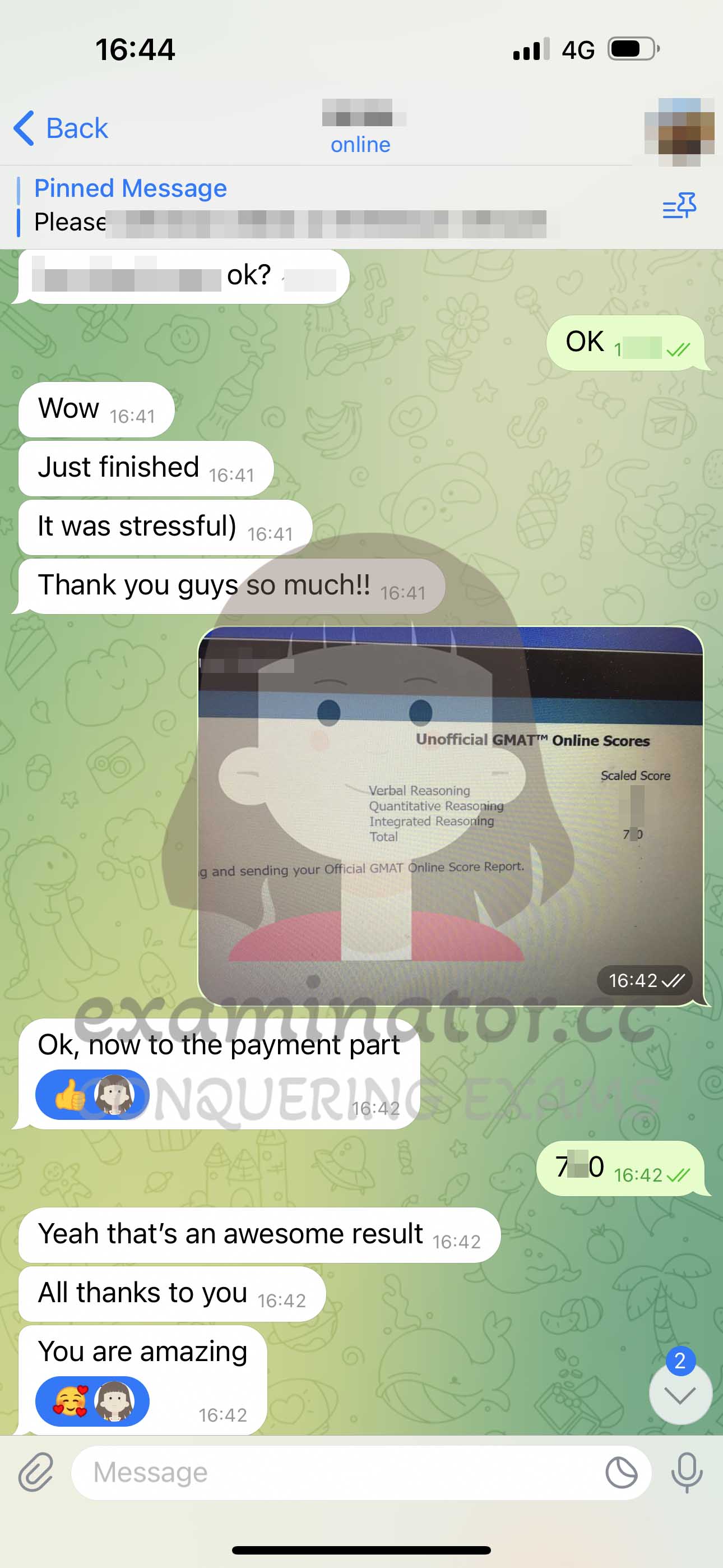 GMAT代考保分成功案例#613的与客户对话截图