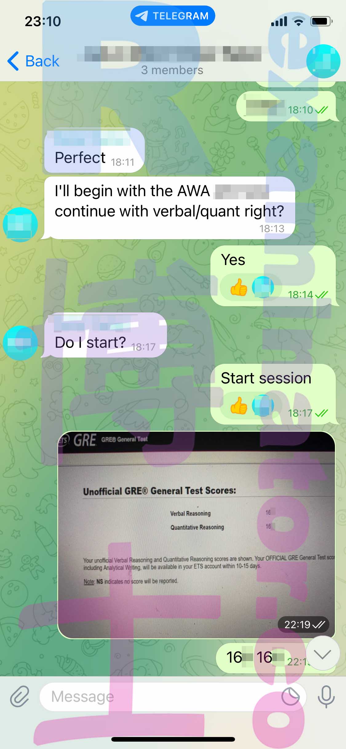 GRE代考保分成功案例#373的与客户对话截图