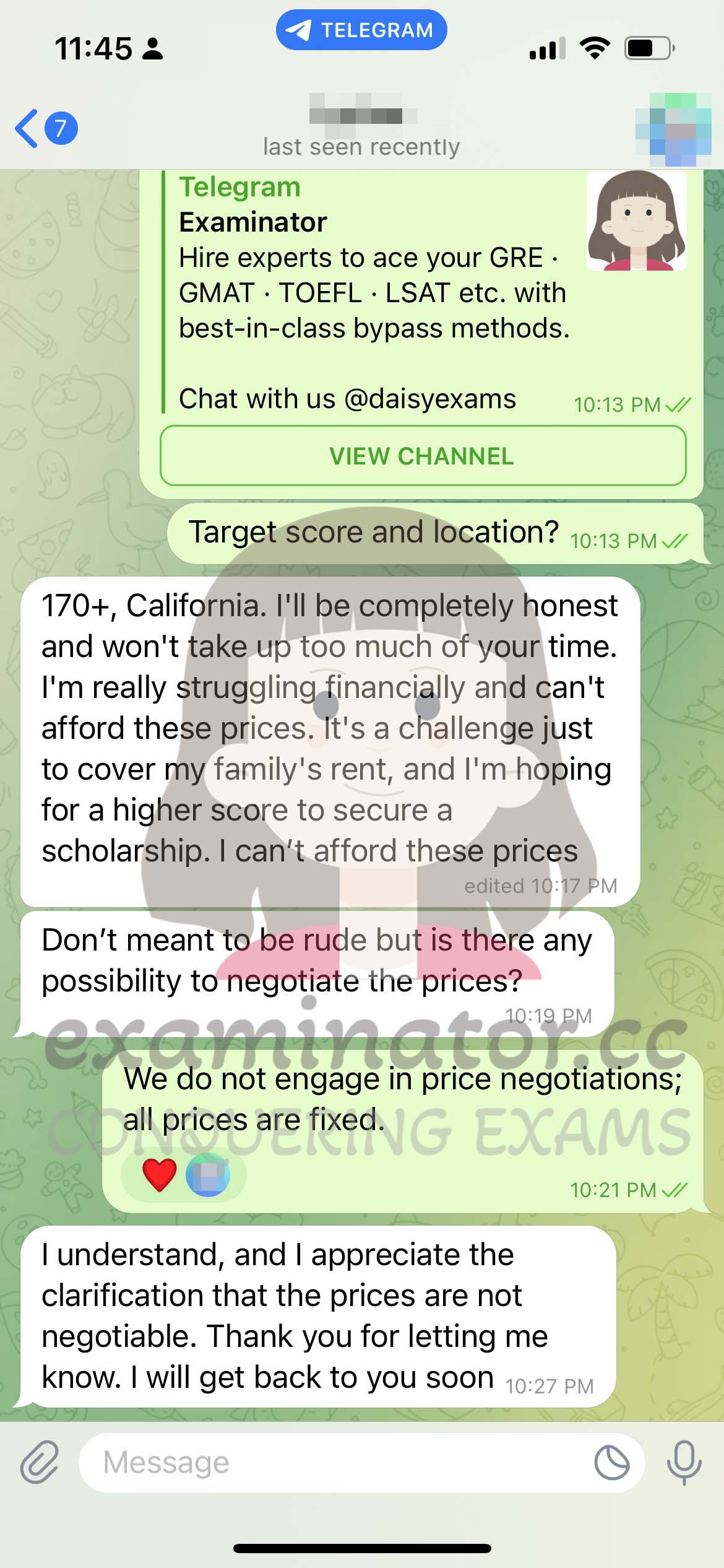 LSAT代考保分成功案例#580的与客户对话截图