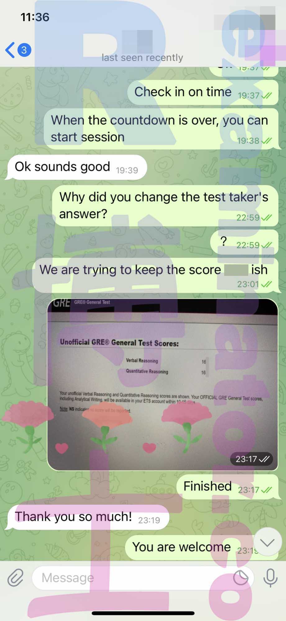 GRE代考保分成功案例#307的与客户对话截图
