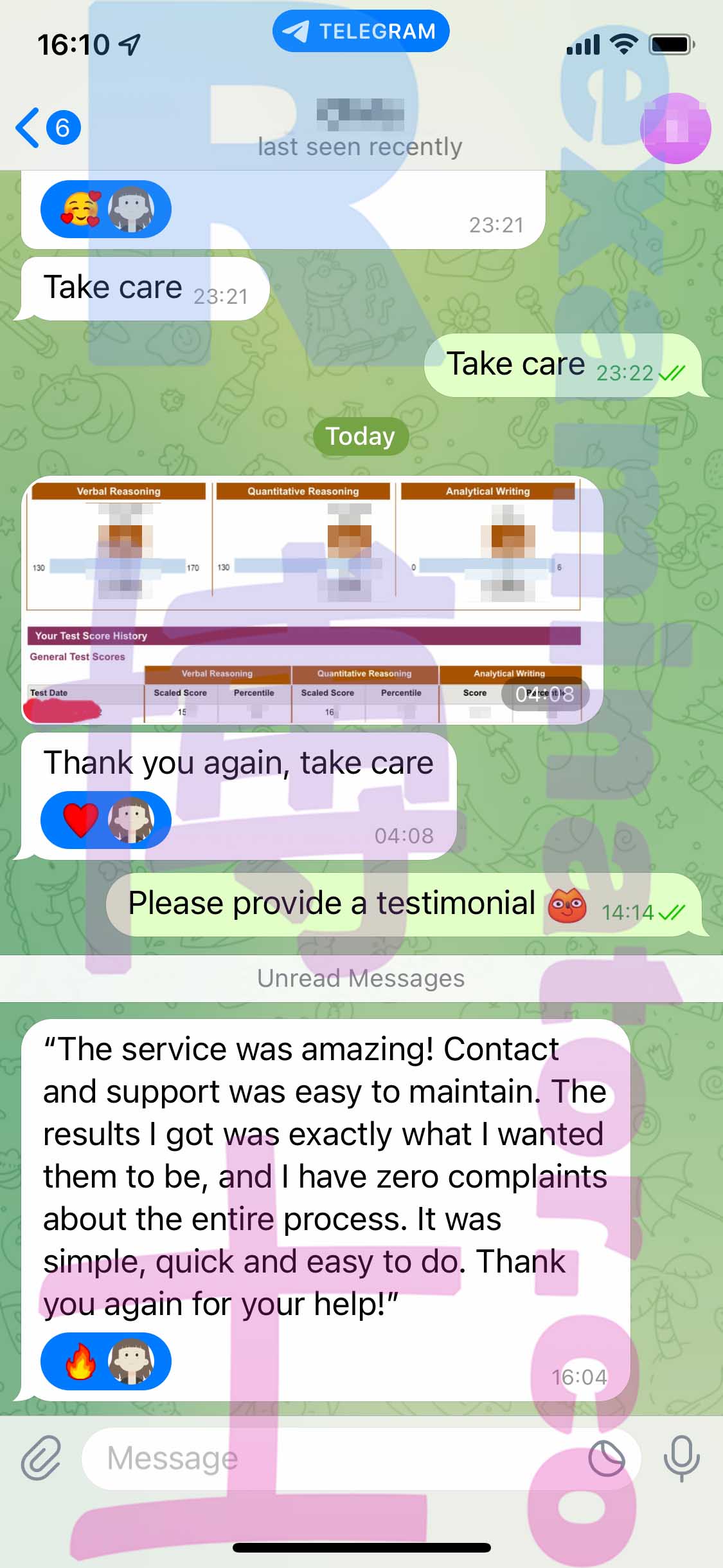 GRE代考保分成功案例#390的与客户对话截图