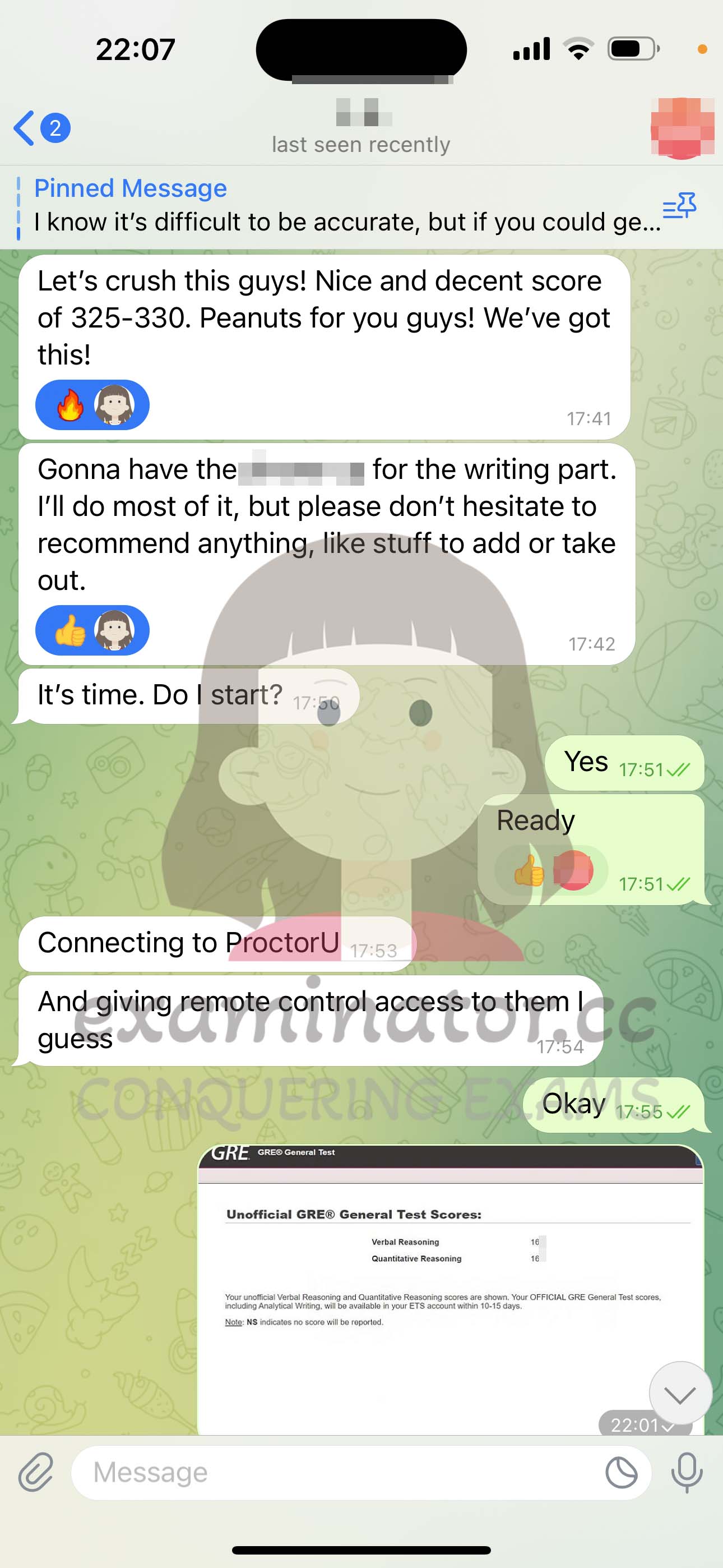 GRE代考保分成功案例#552的与客户对话截图