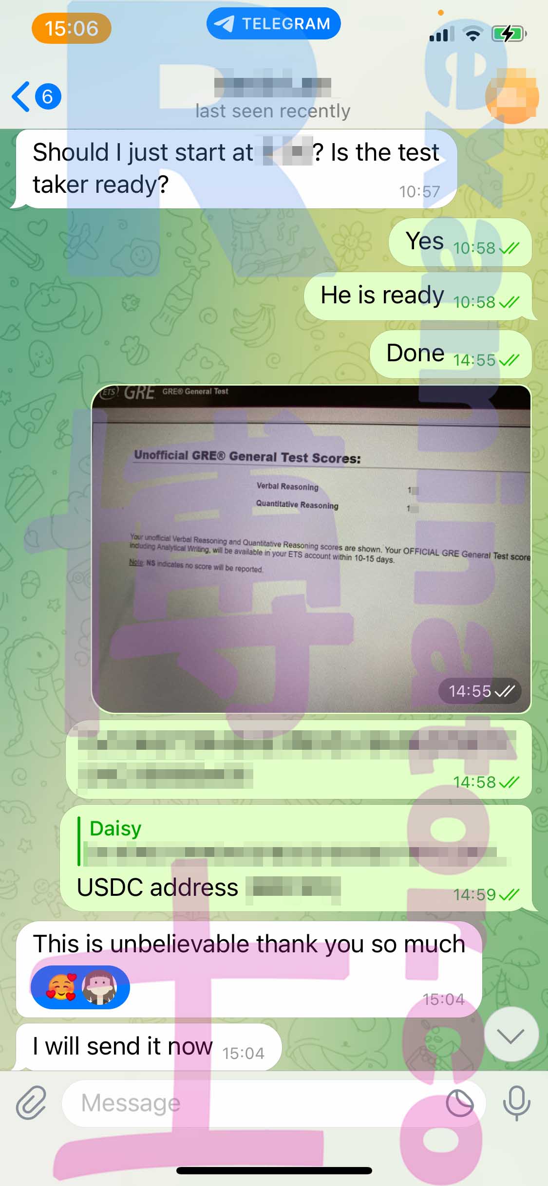 GRE代考保分成功案例#413的与客户对话截图