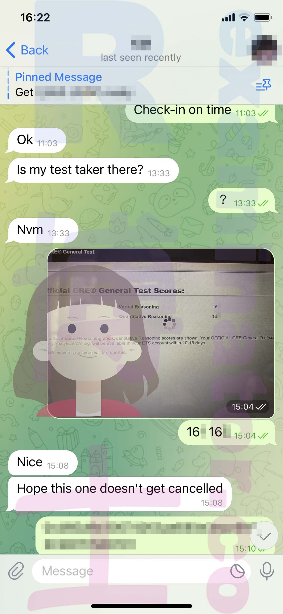 GRE代考保分成功案例#550的与客户对话截图