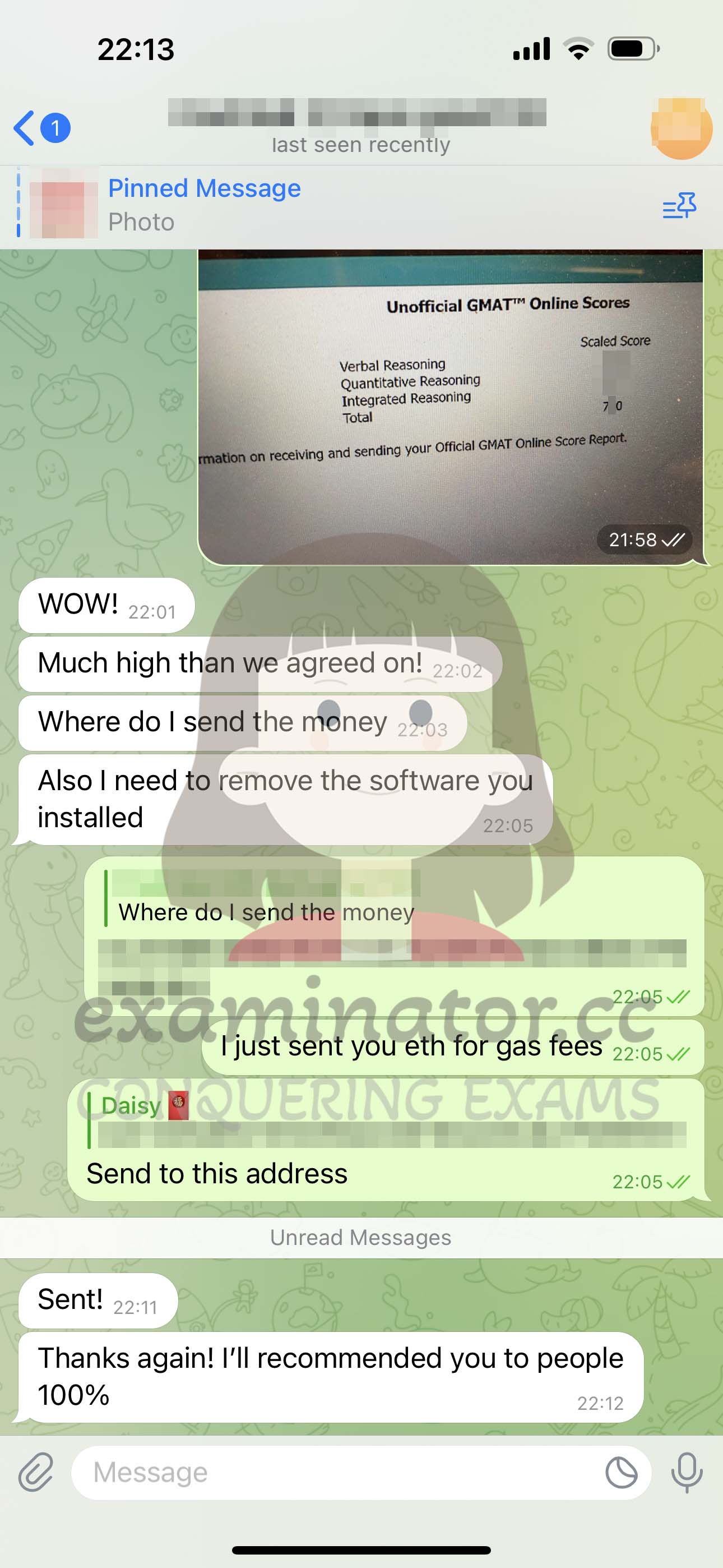 GMAT代考保分成功案例#556的与客户对话截图