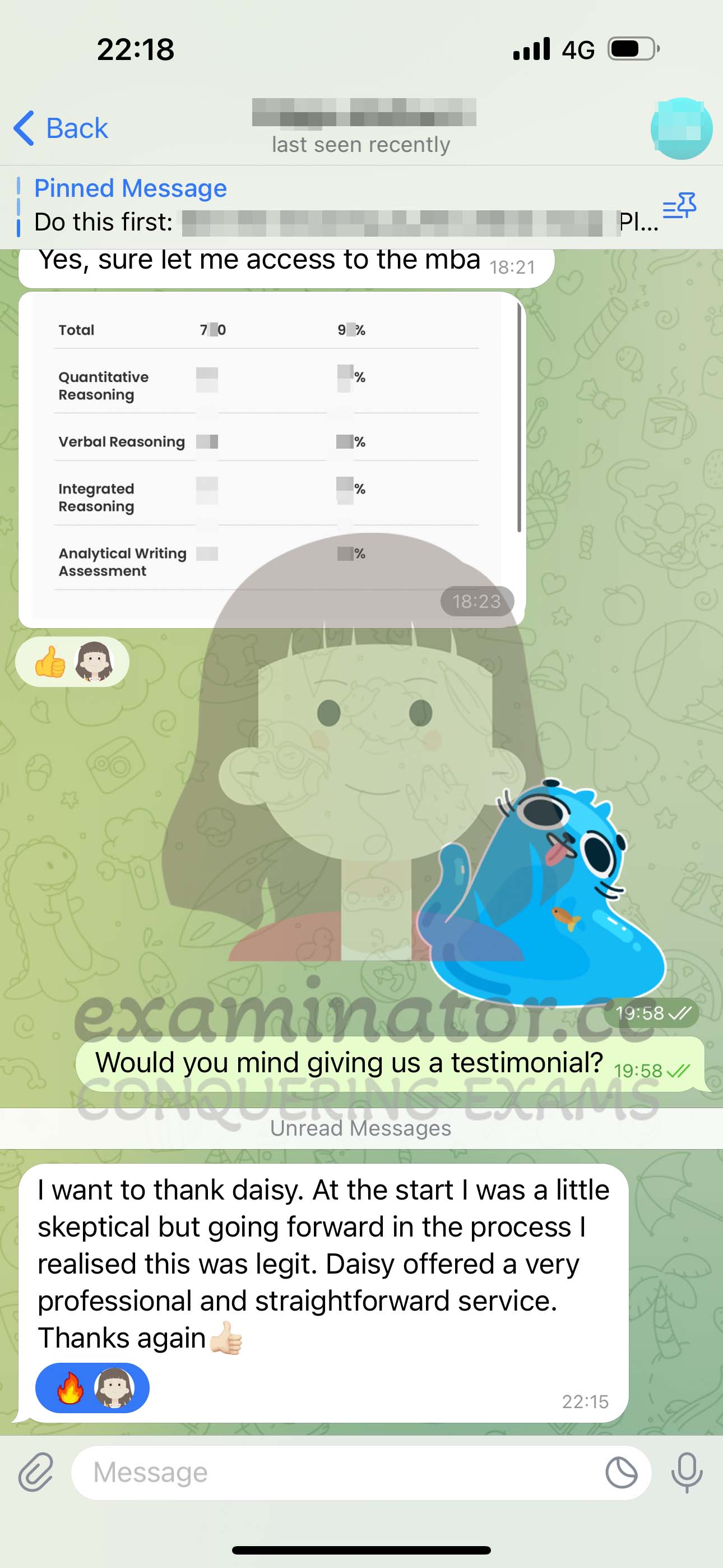 GMAT代考保分成功案例#578的与客户对话截图