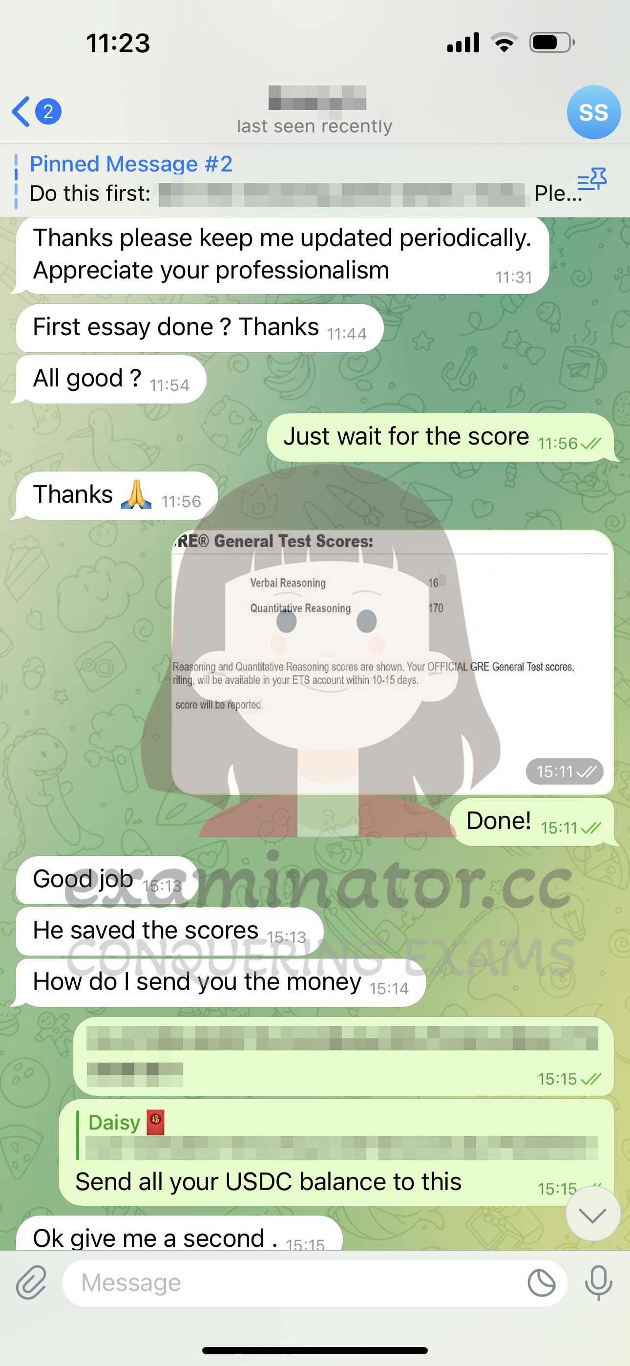 GRE代考保分成功案例#565的与客户对话截图