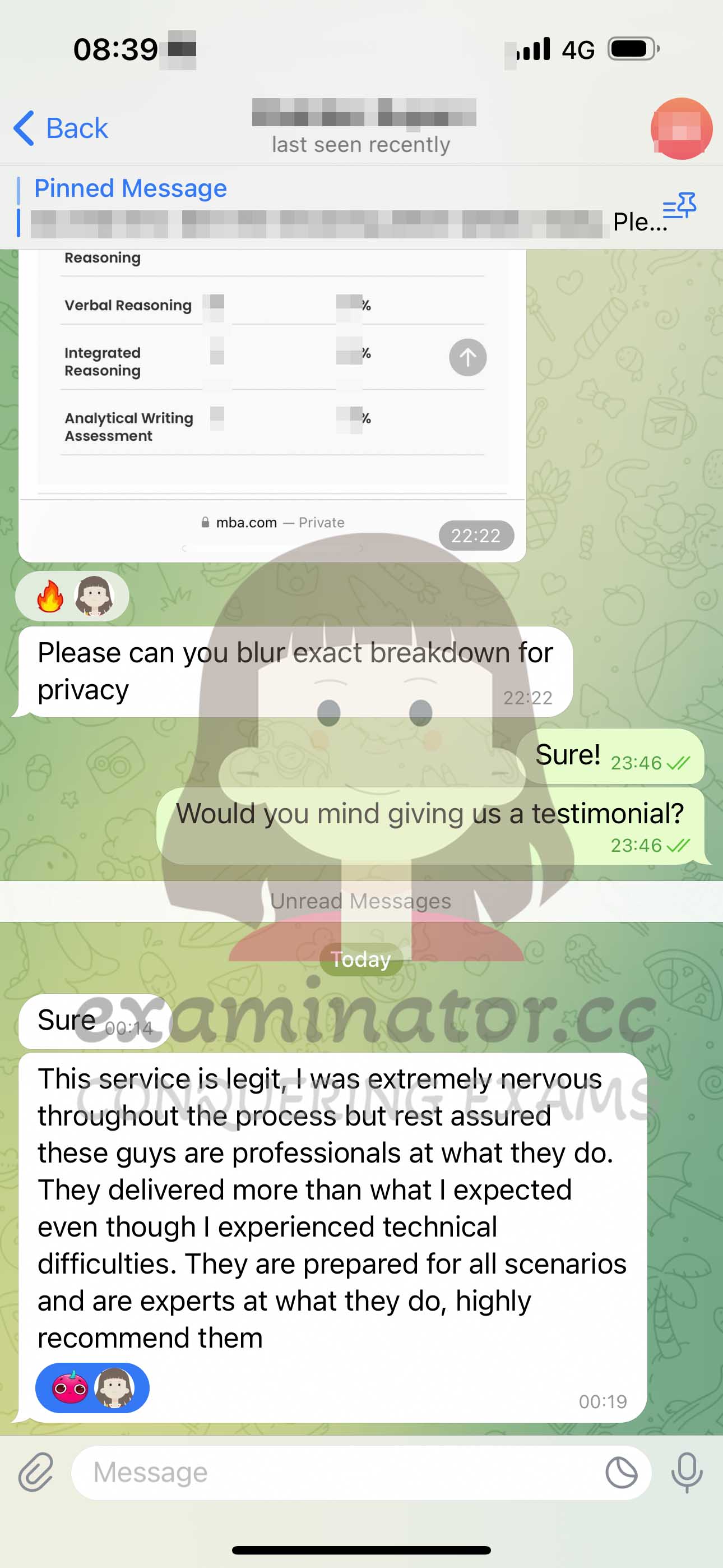 GMAT代考保分成功案例#610的与客户对话截图