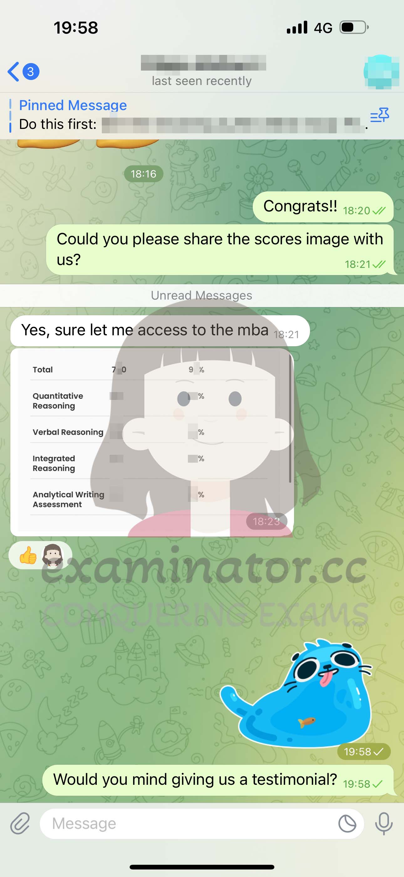 GMAT代考保分成功案例#578的与客户对话截图