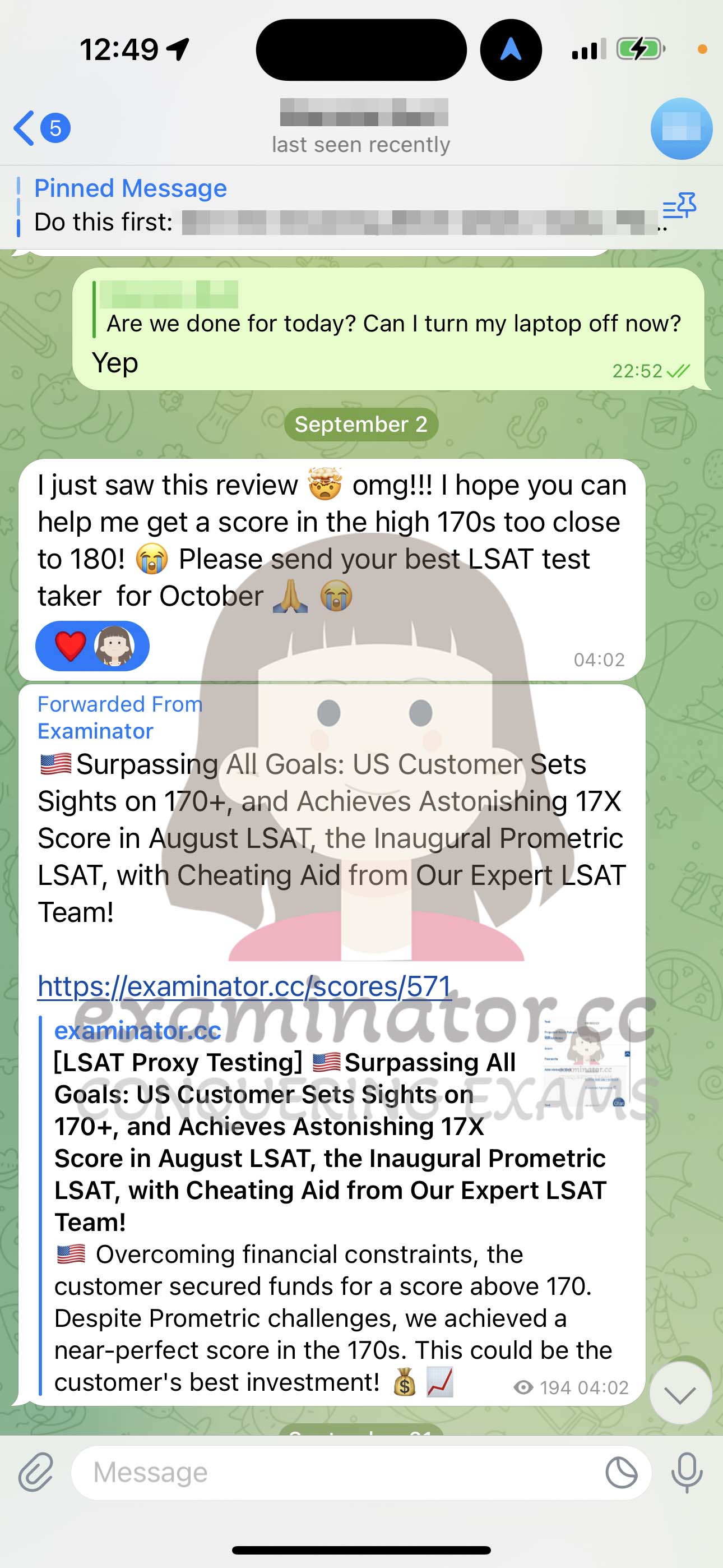 LSAT代考保分成功案例#592的与客户对话截图