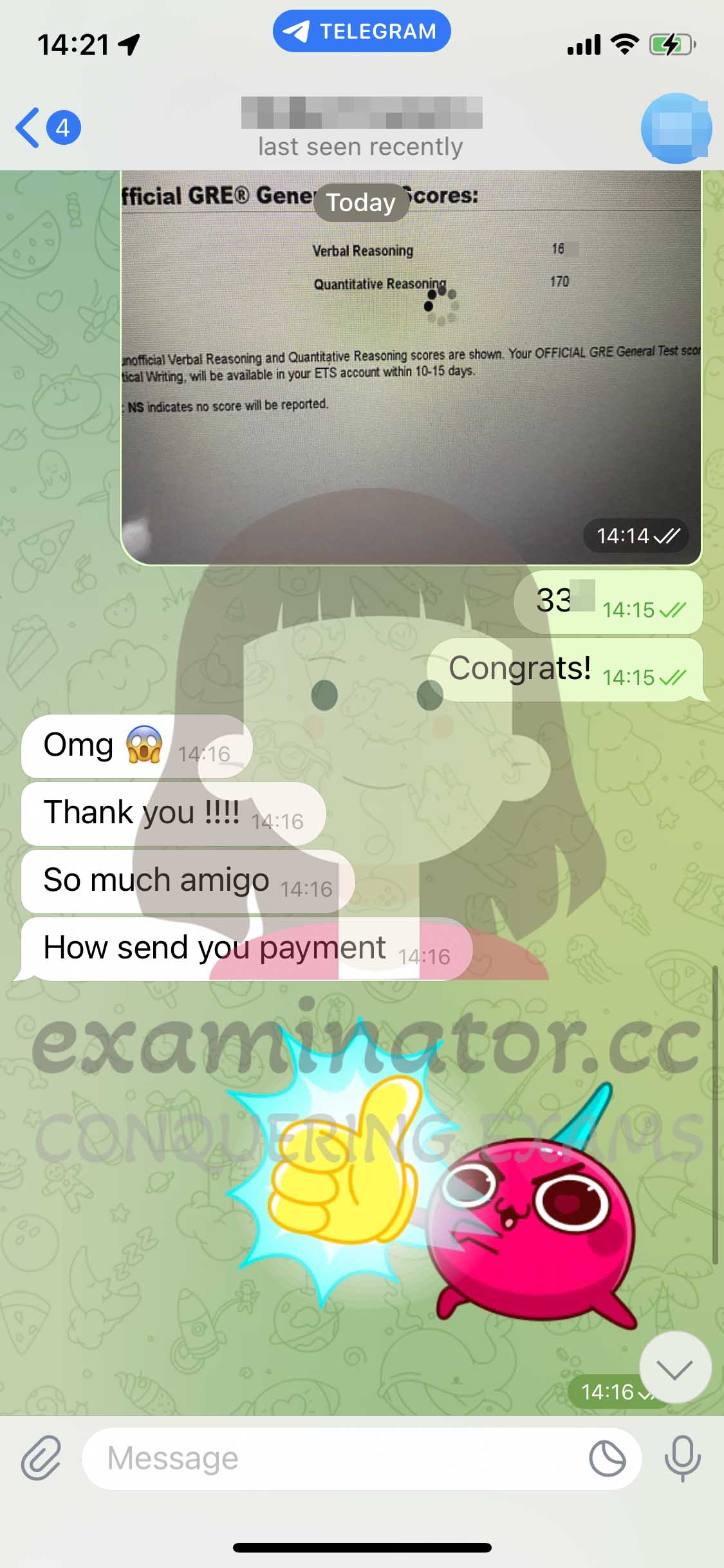 GRE代考保分成功案例#606的与客户对话截图