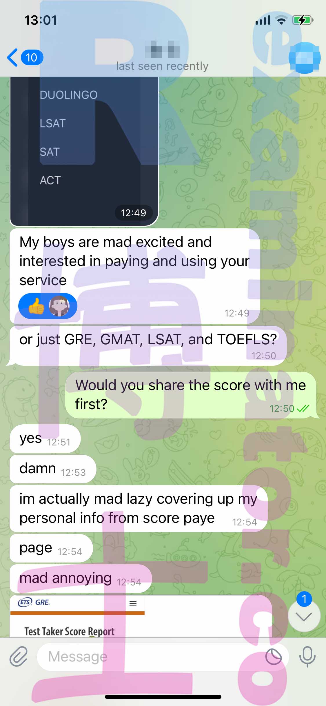 GRE代考保分成功案例#438的与客户对话截图