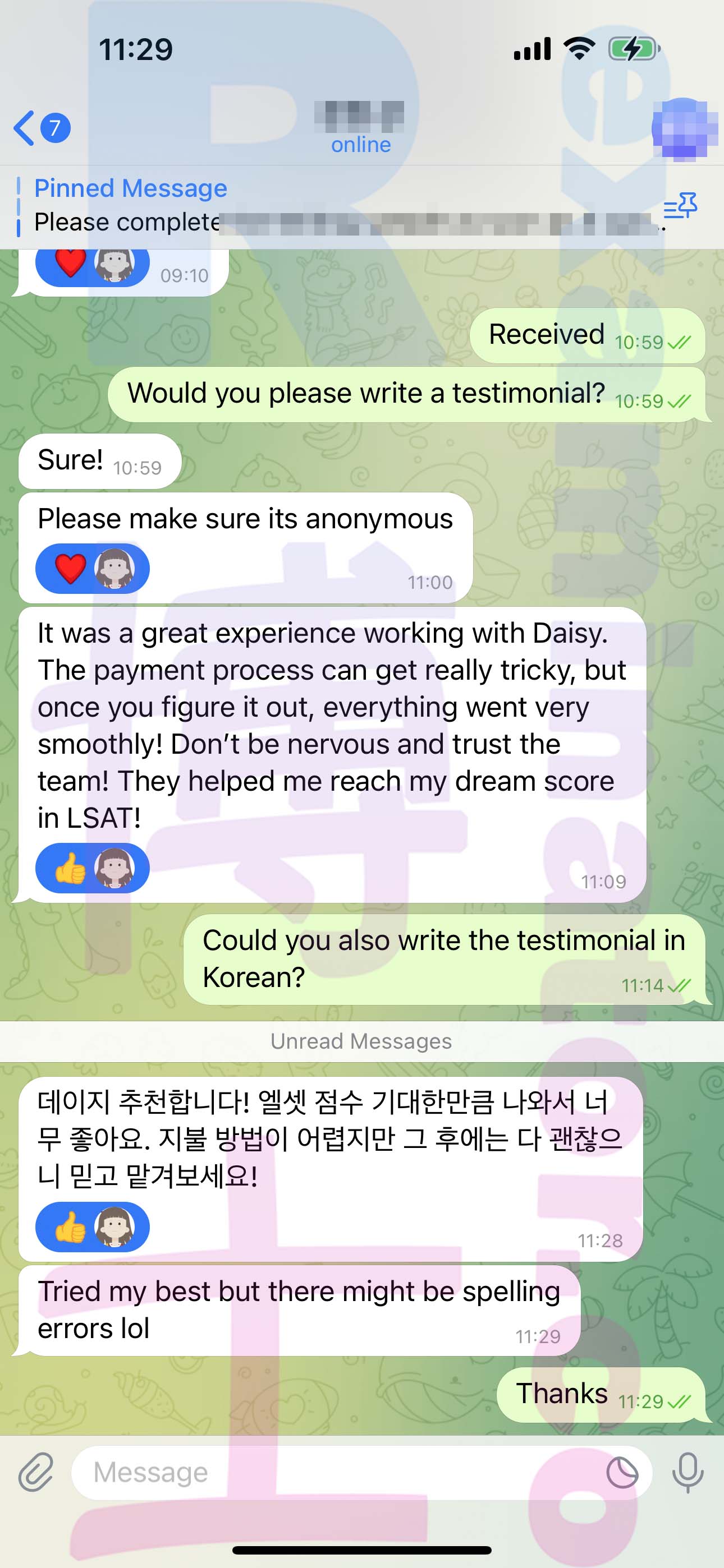 LSAT代考保分成功案例#549的与客户对话截图