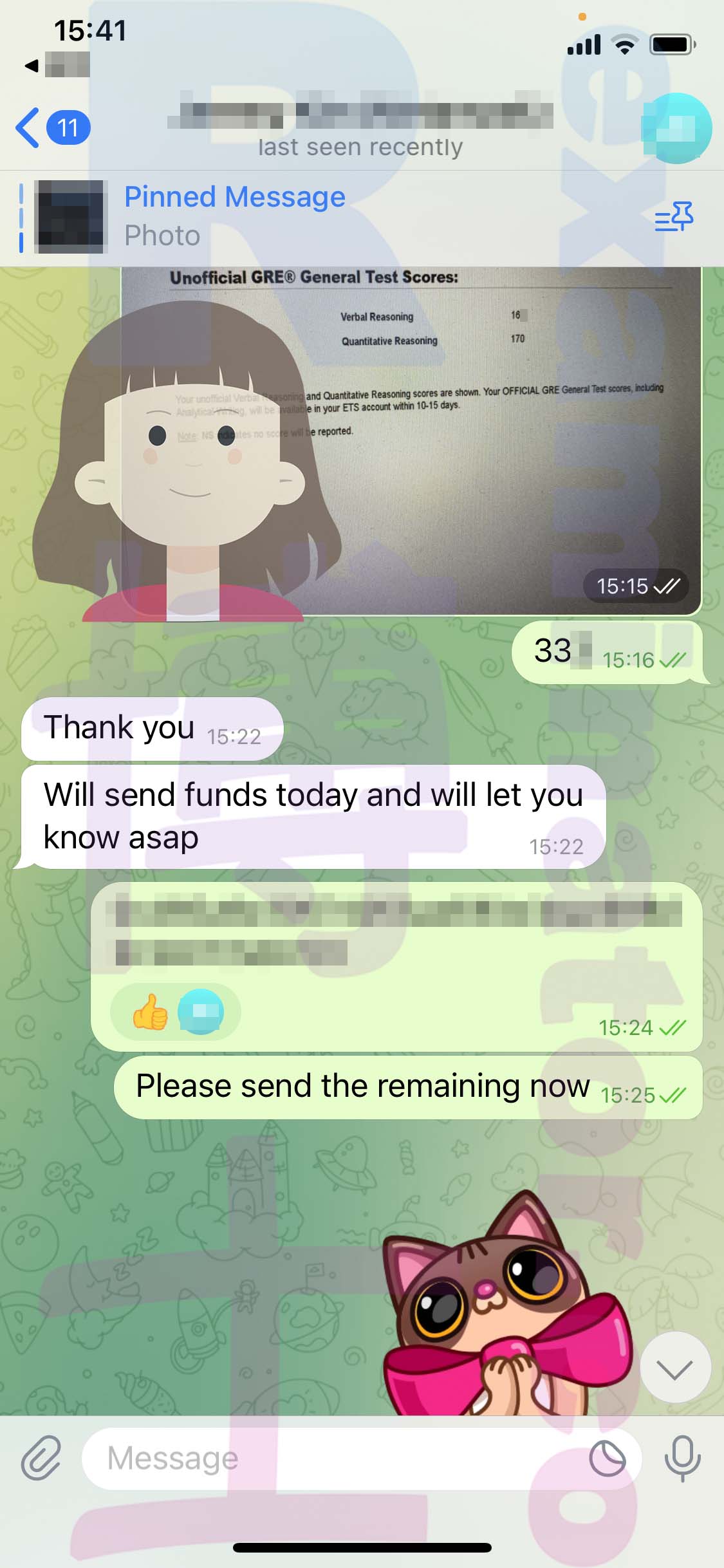 GRE代考保分成功案例#534的与客户对话截图