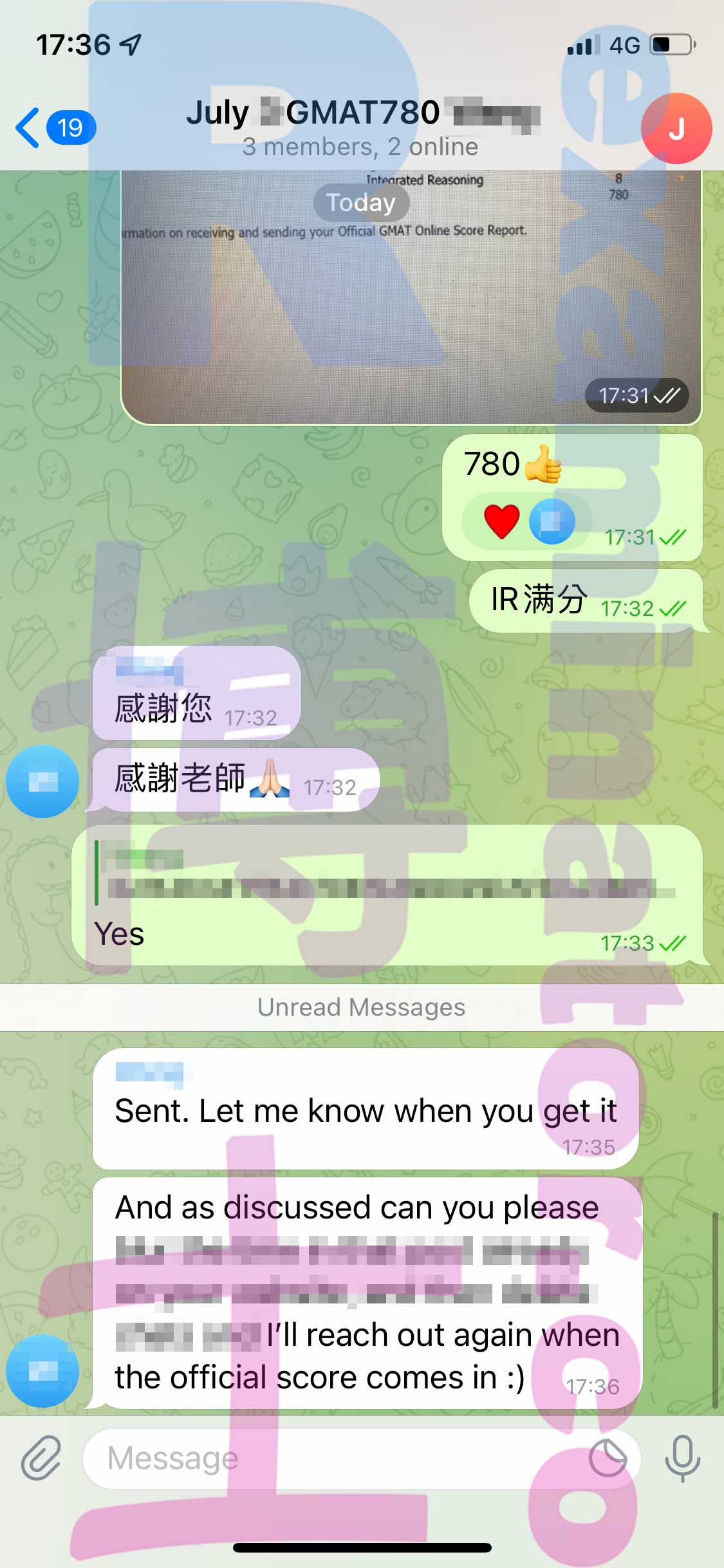 GMAT代考保分成功案例#342的与客户对话截图