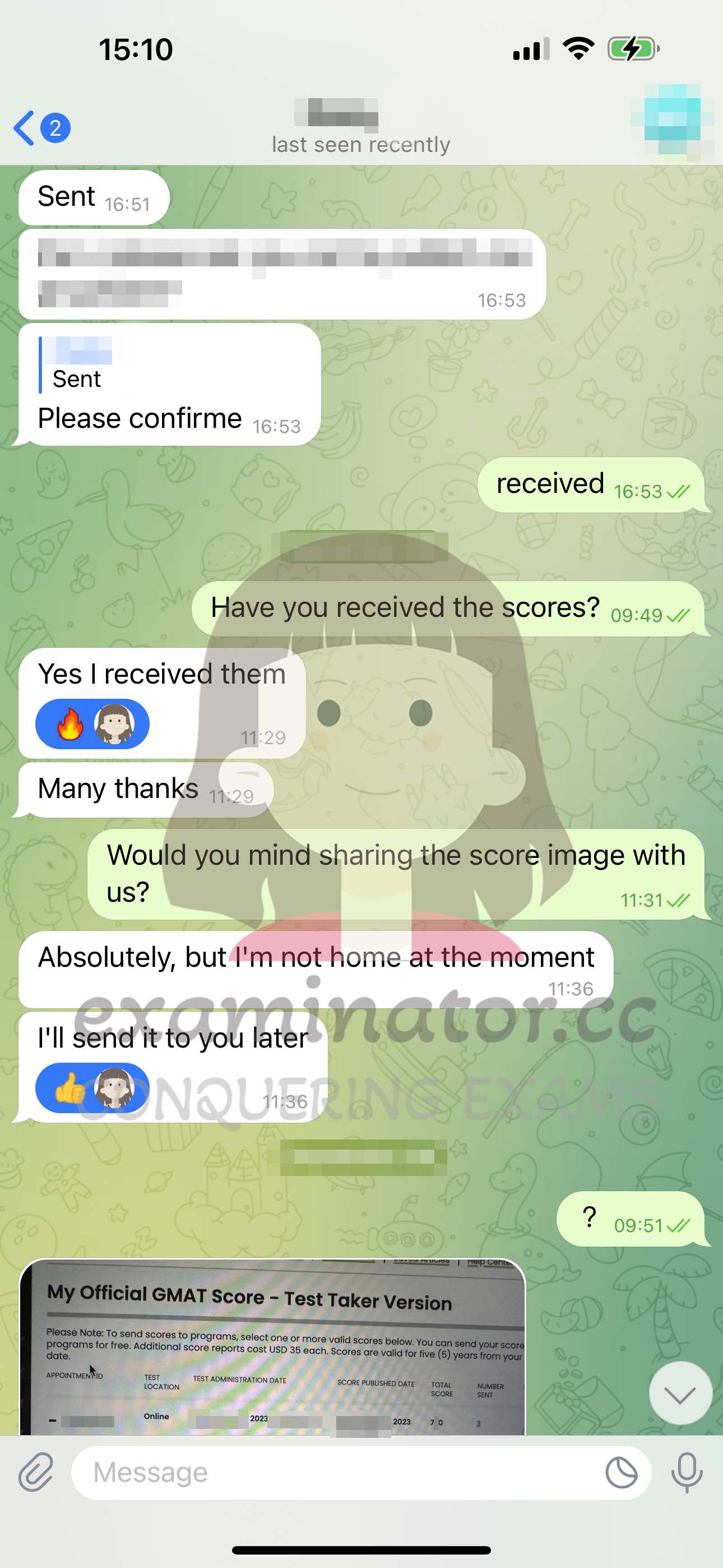GMAT代考保分成功案例#581的与客户对话截图