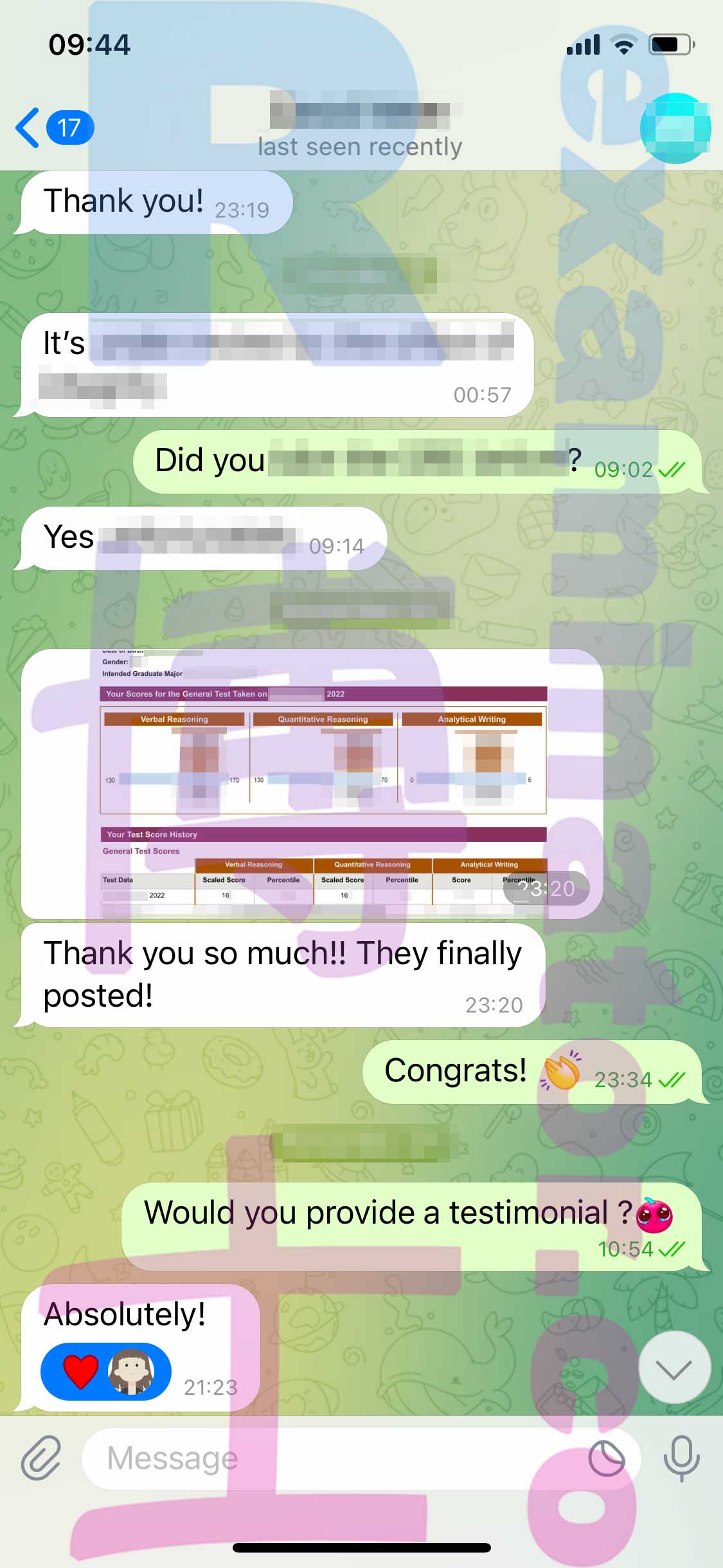 GRE代考保分成功案例#440的与客户对话截图