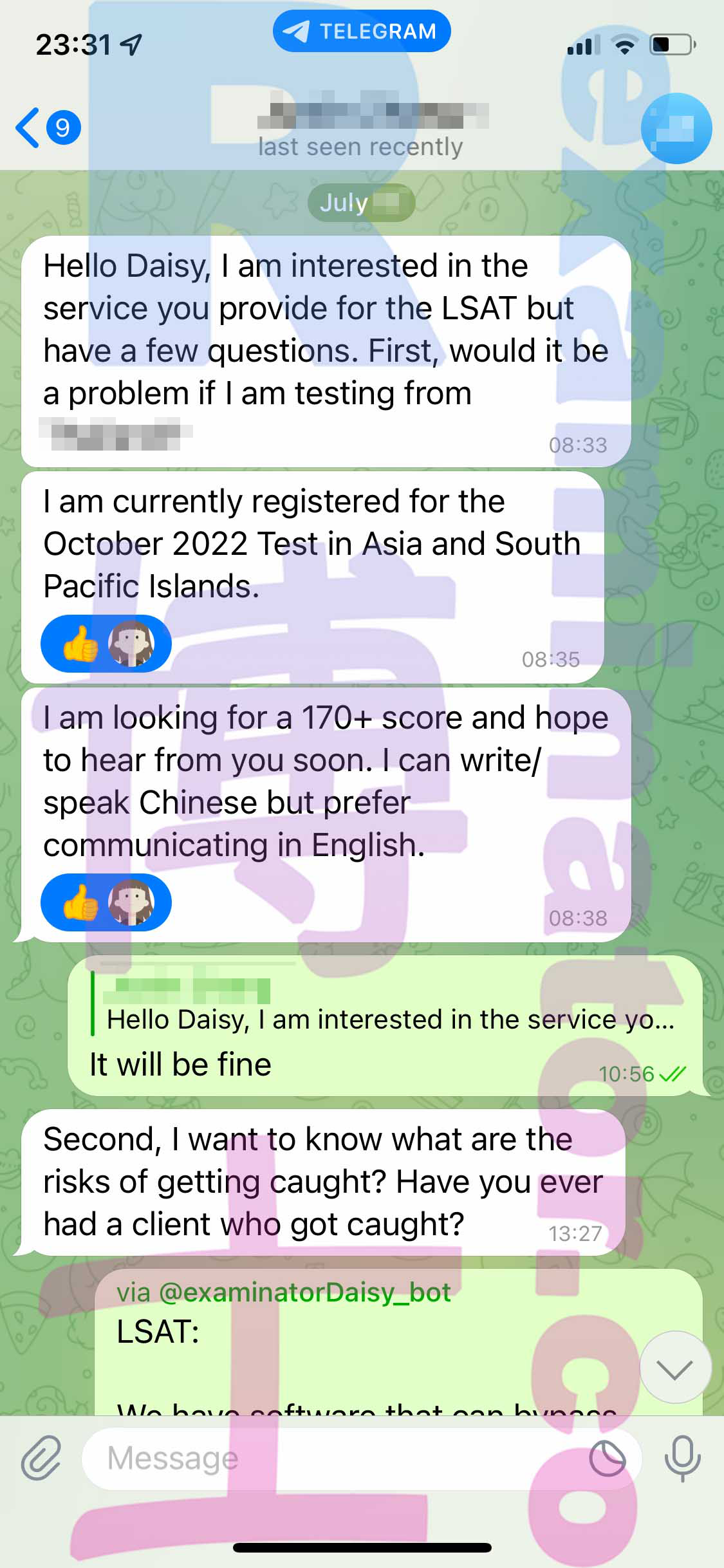 LSAT代考保分成功案例#408的与客户对话截图