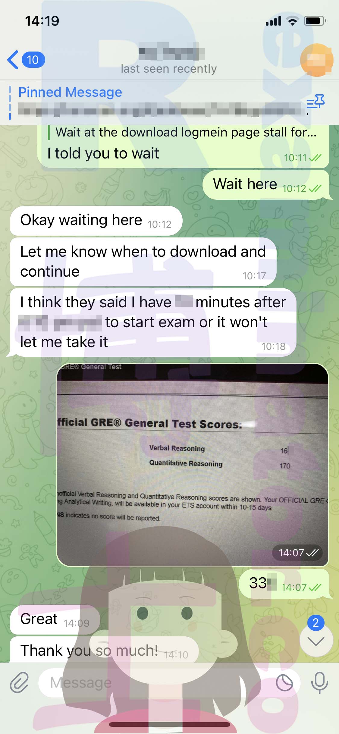 GRE代考保分成功案例#516的与客户对话截图