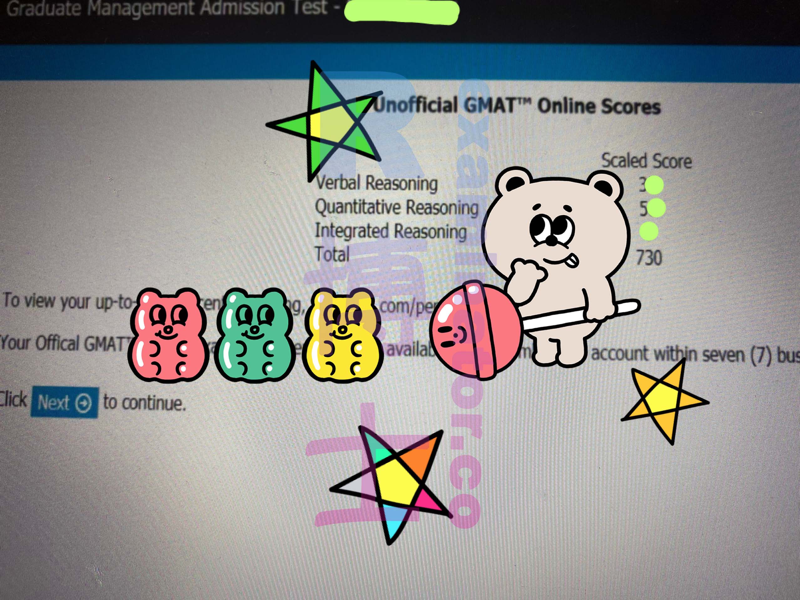Score of 730, complete nanny-style service from check-in to the end of the exam.
