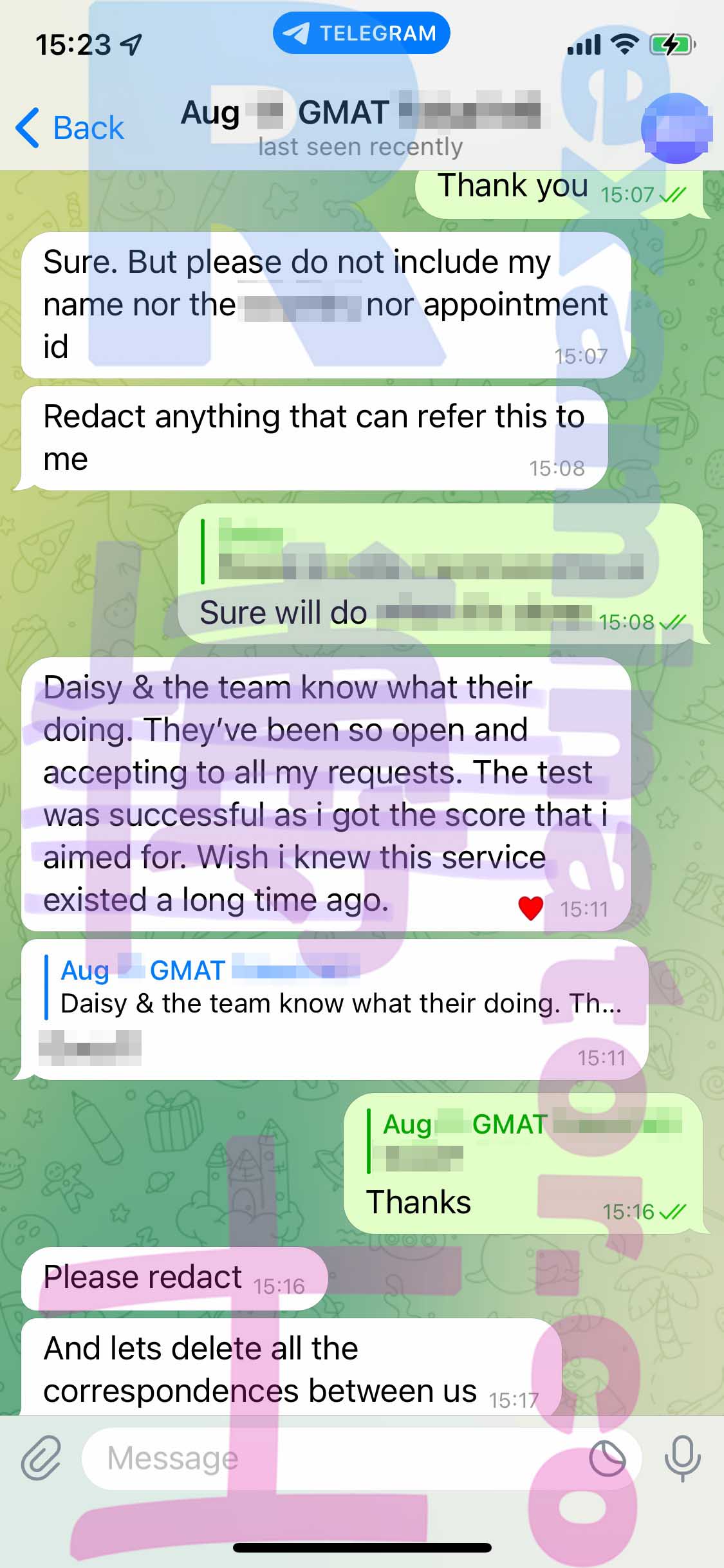 GMAT代考保分成功案例#365的与客户对话截图