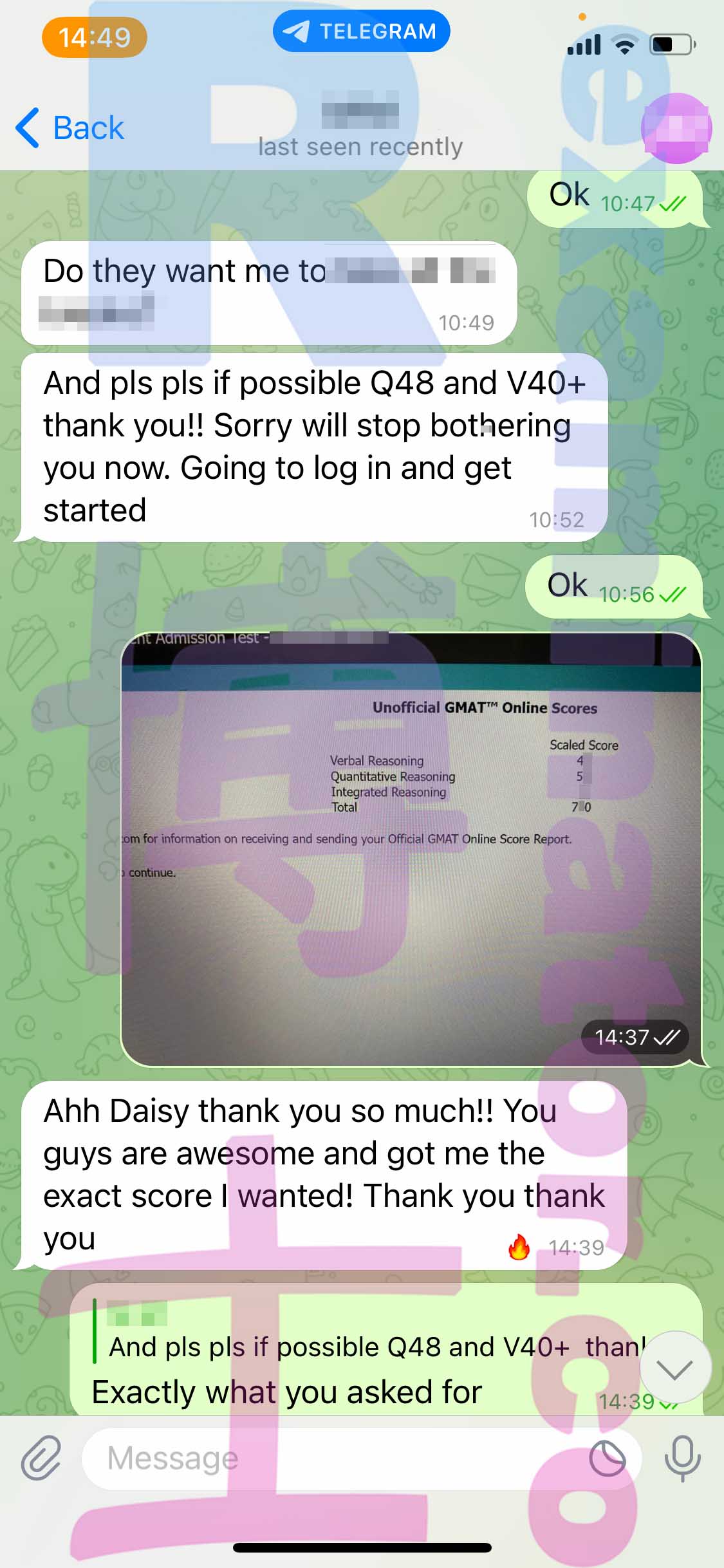 GMAT代考保分成功案例#402的与客户对话截图