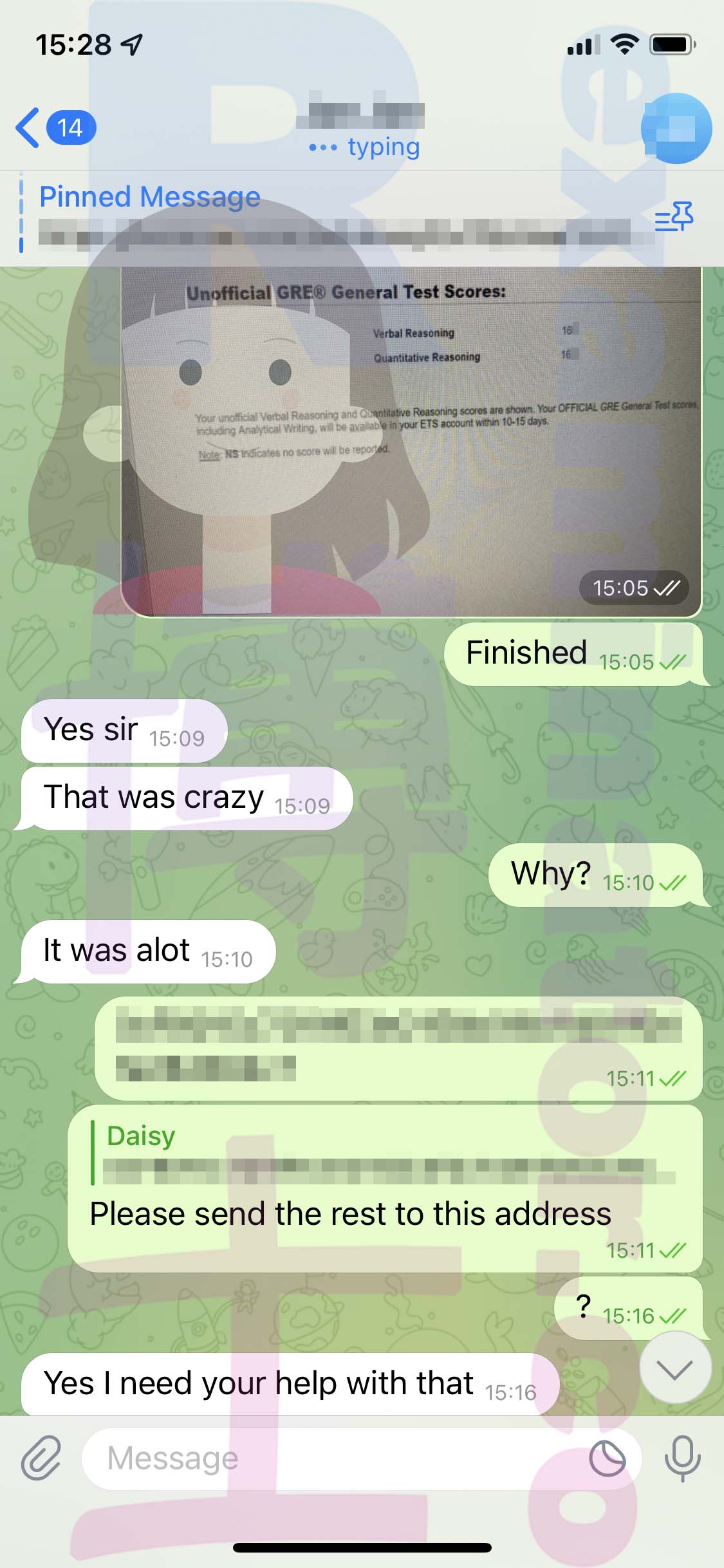 GRE代考保分成功案例#510的与客户对话截图