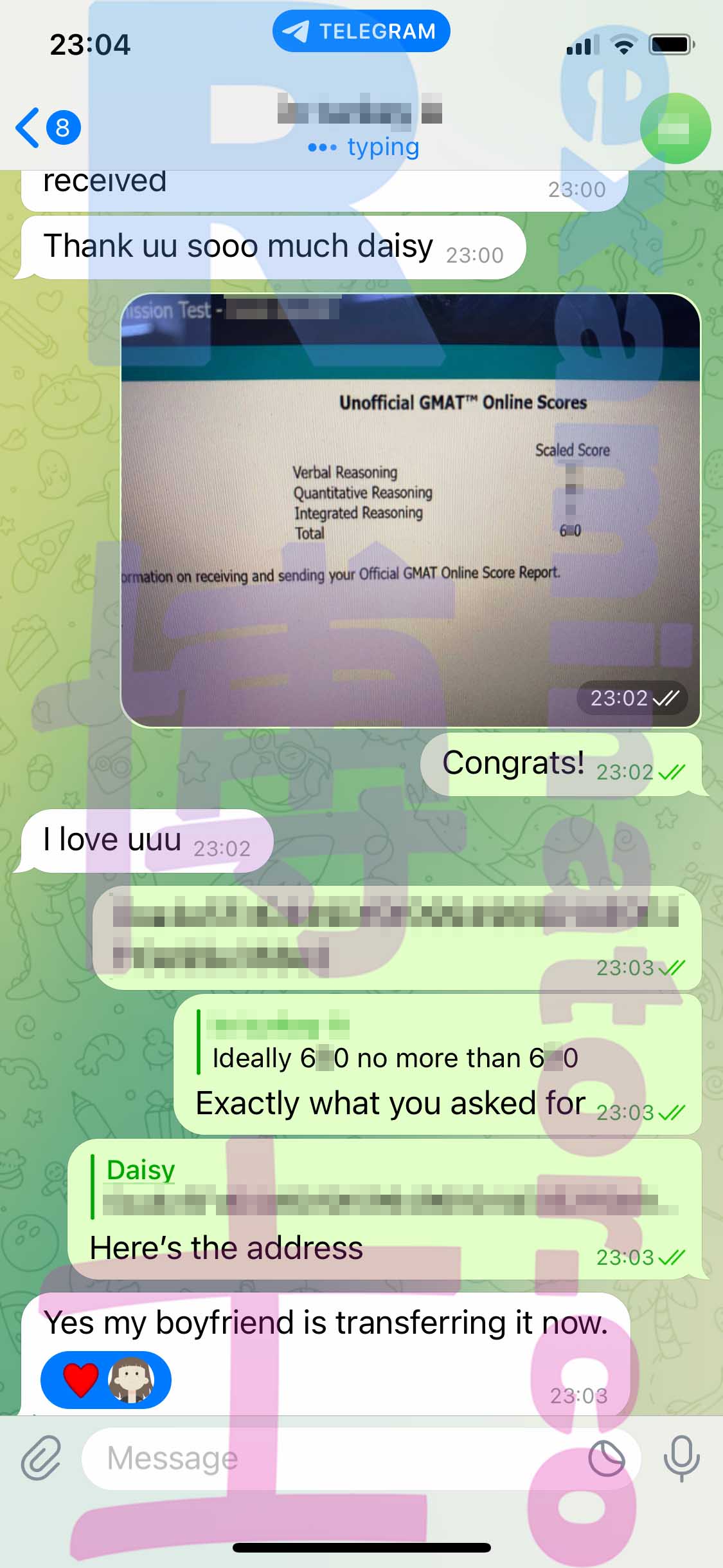 GMAT代考保分成功案例#429的与客户对话截图
