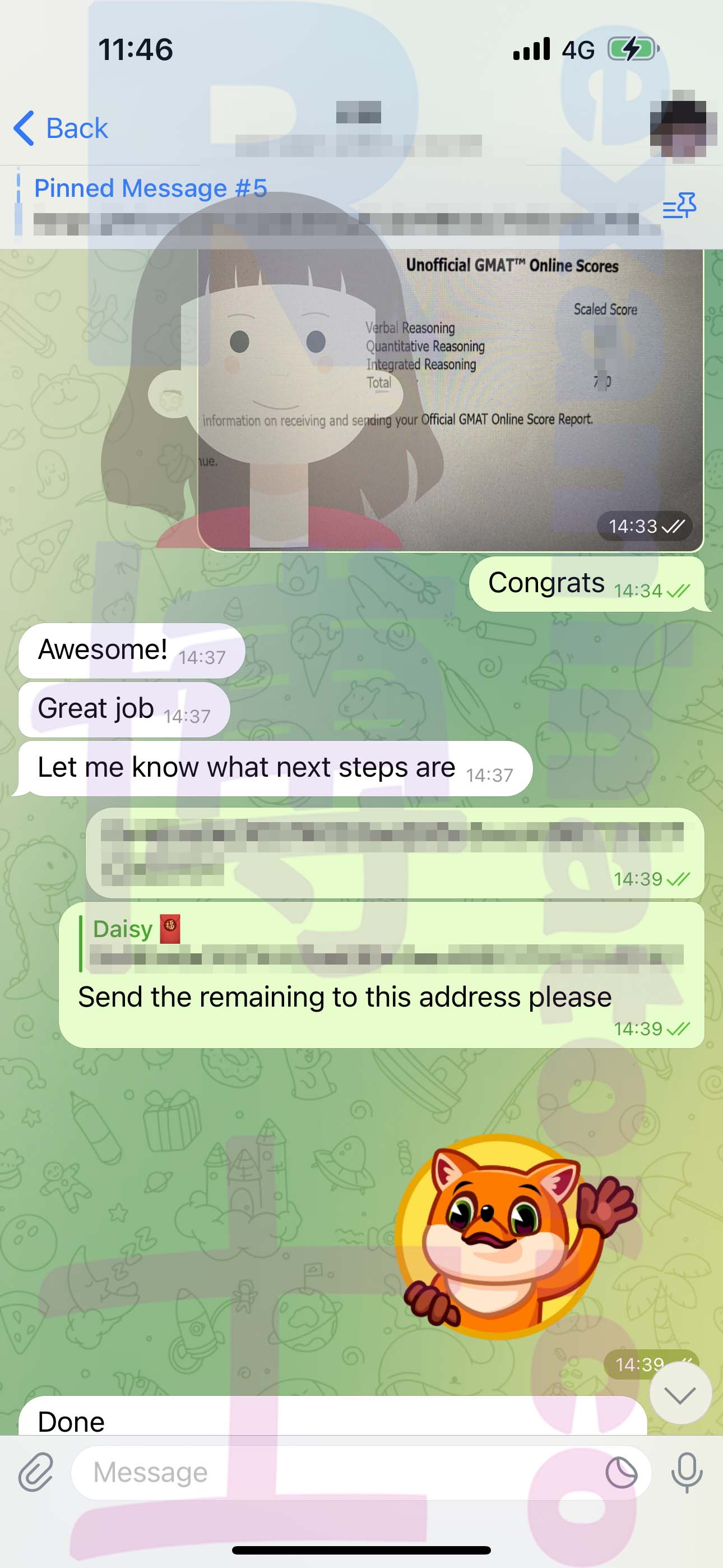 GMAT代考保分成功案例#509的与客户对话截图