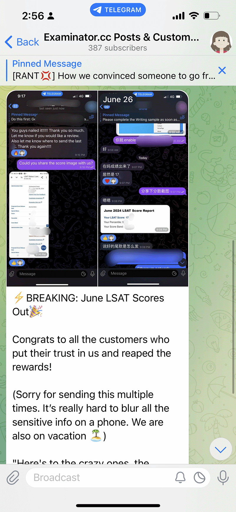 LSAT proxy testing telegram channel