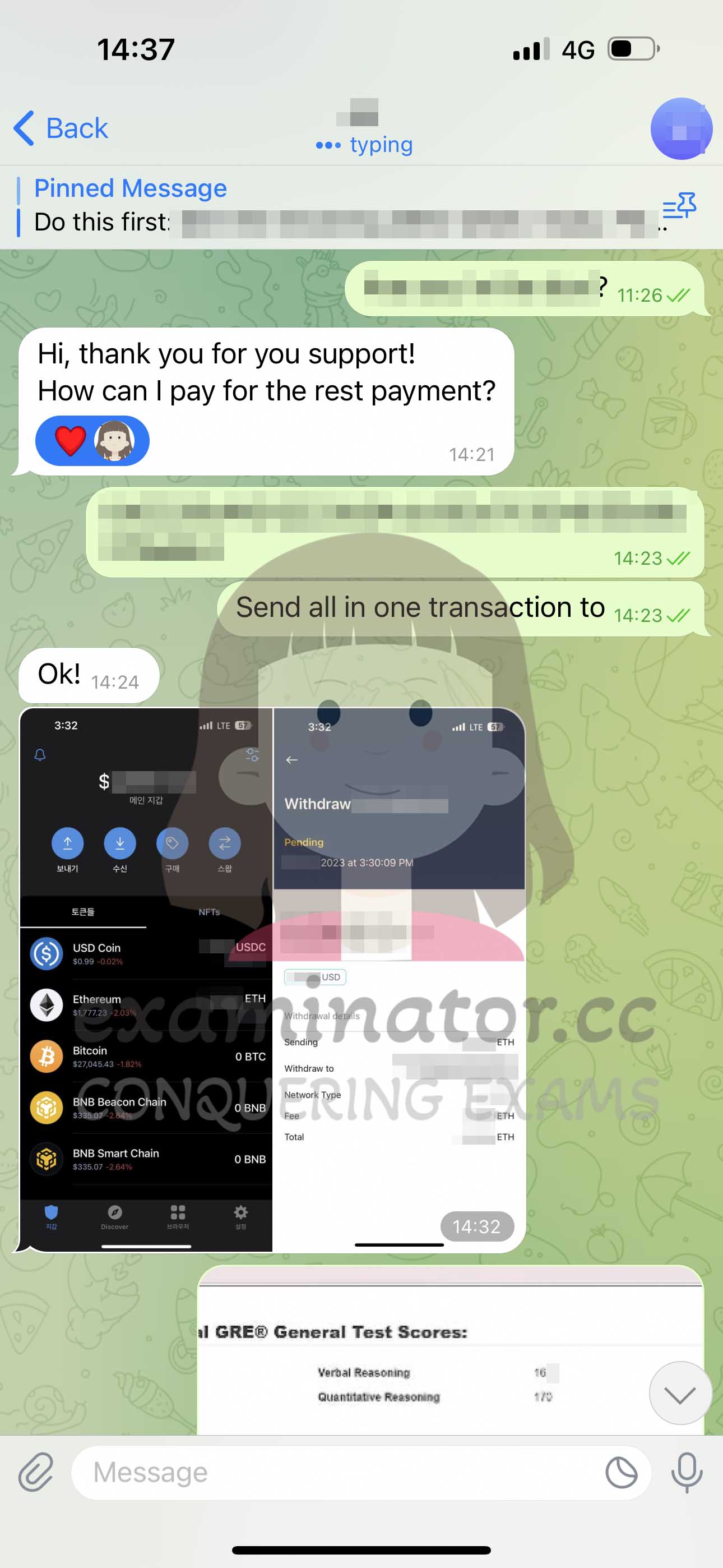 GRE代考保分成功案例#601的与客户对话截图