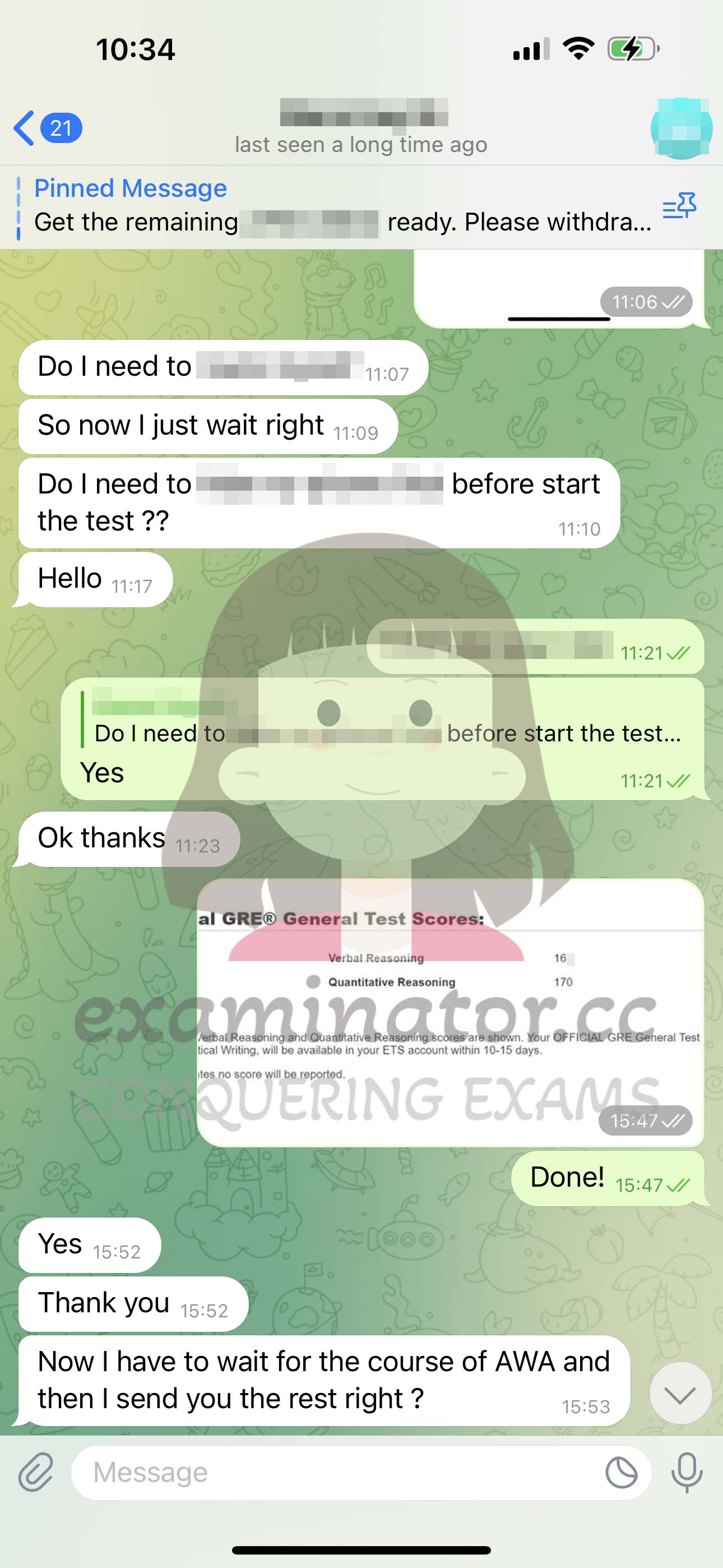 GRE代考保分成功案例#557的与客户对话截图