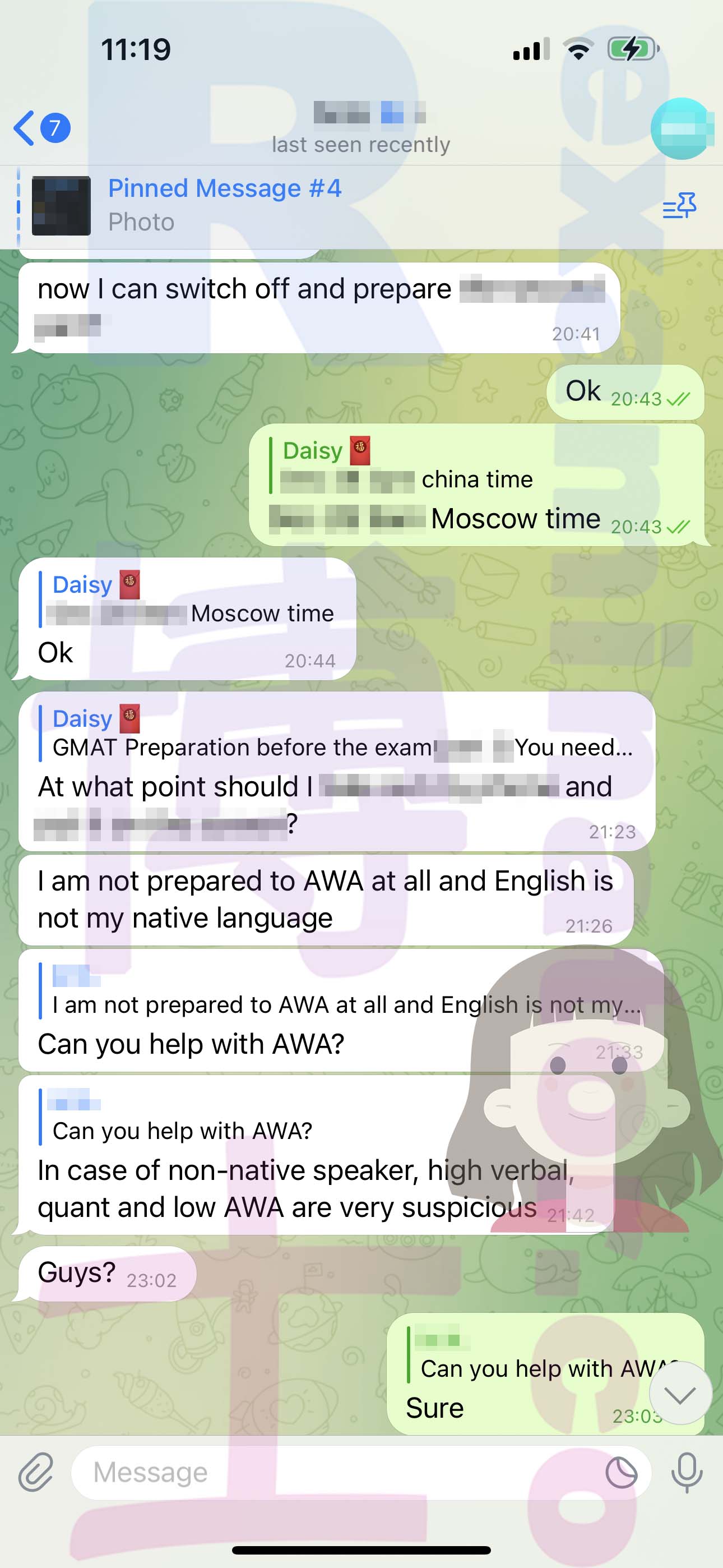 GMAT代考保分成功案例#543的与客户对话截图